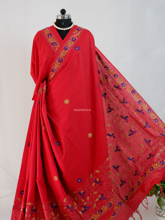 Kantha Stitch Hand-Embroidered Saree | Khadi Cotton | Ruby