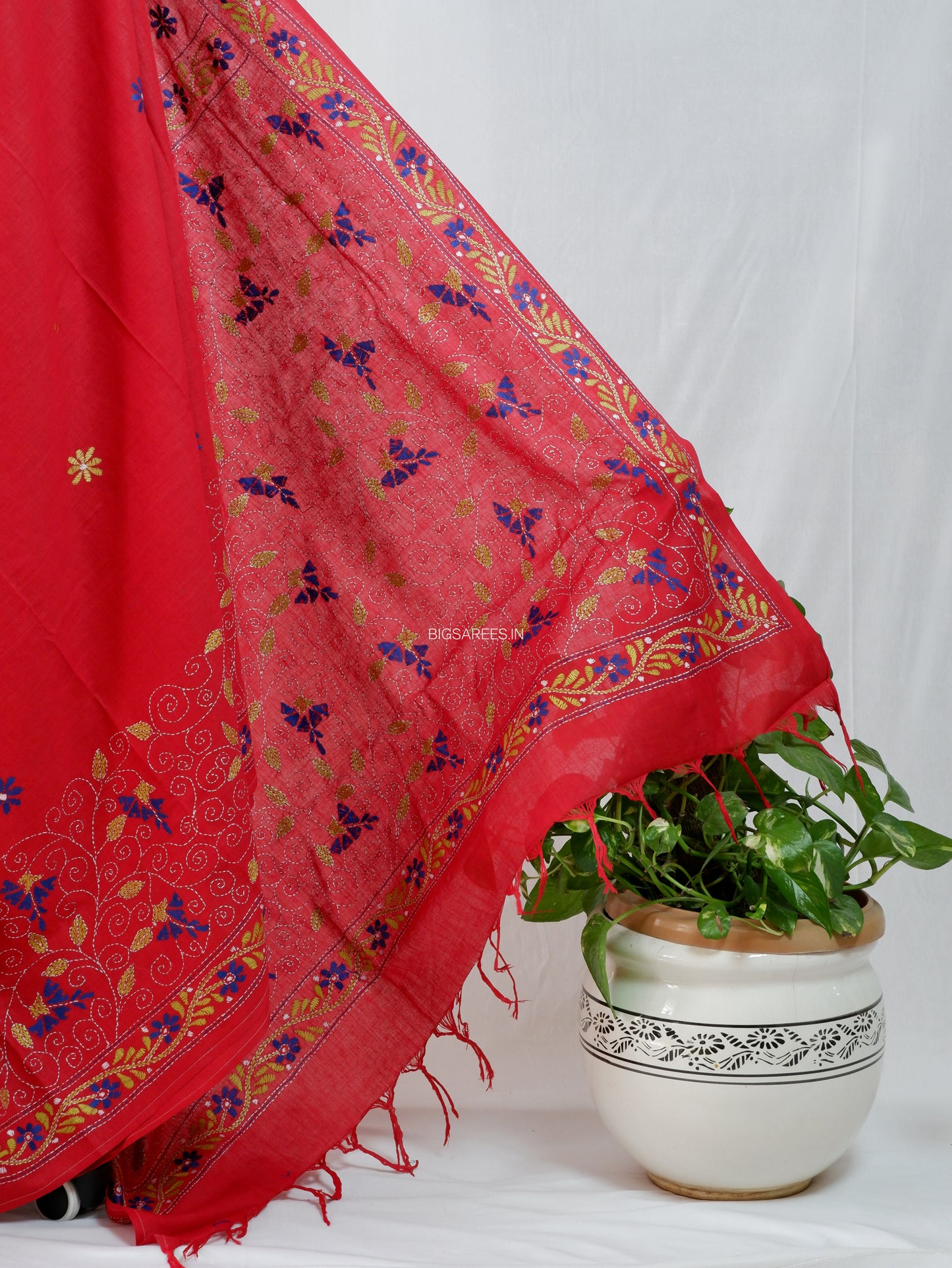 Kantha Stitch Hand-Embroidered Saree | Khadi Cotton | Ruby