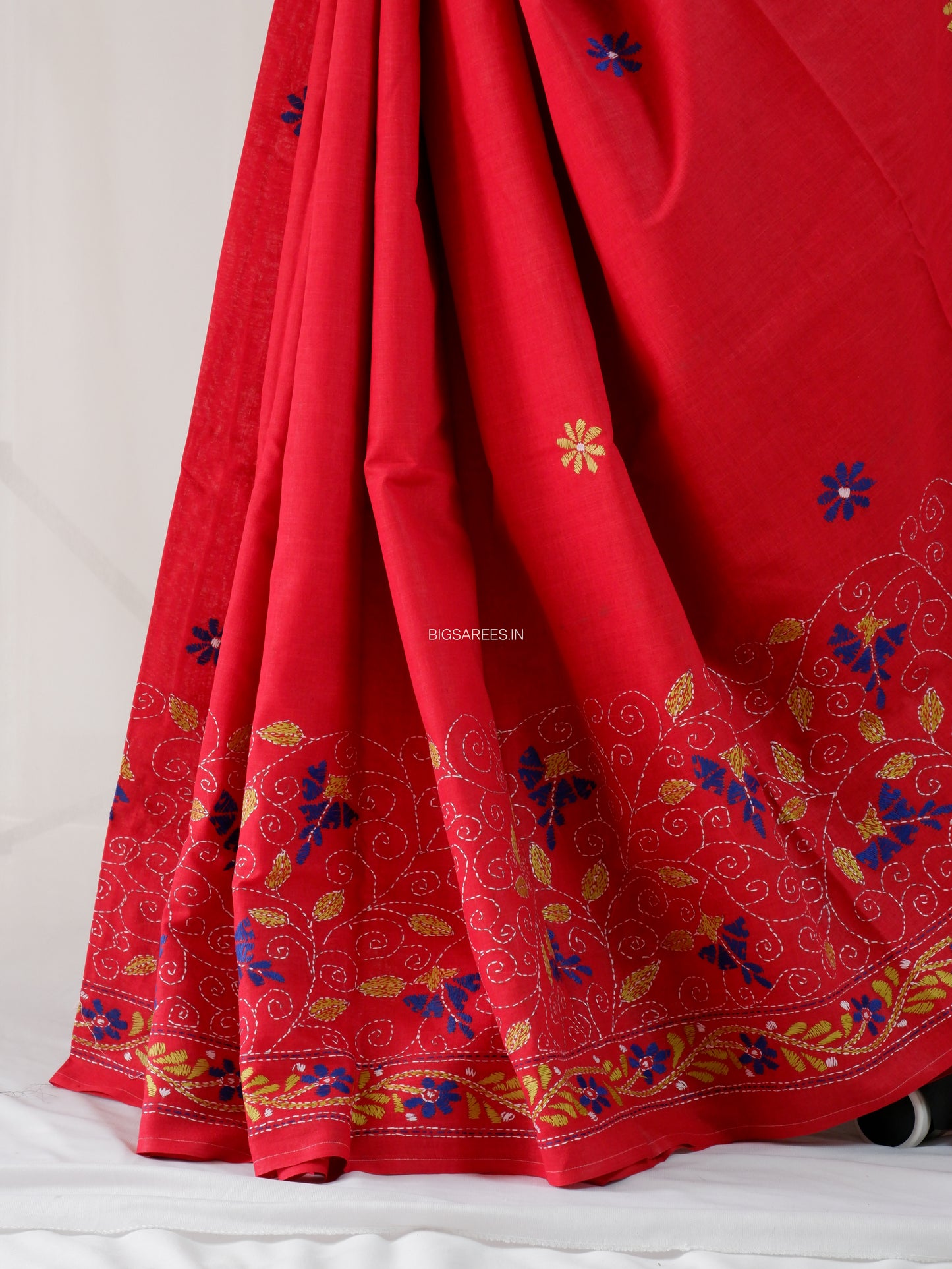Kantha Stitch Hand-Embroidered Saree | Khadi Cotton | Ruby