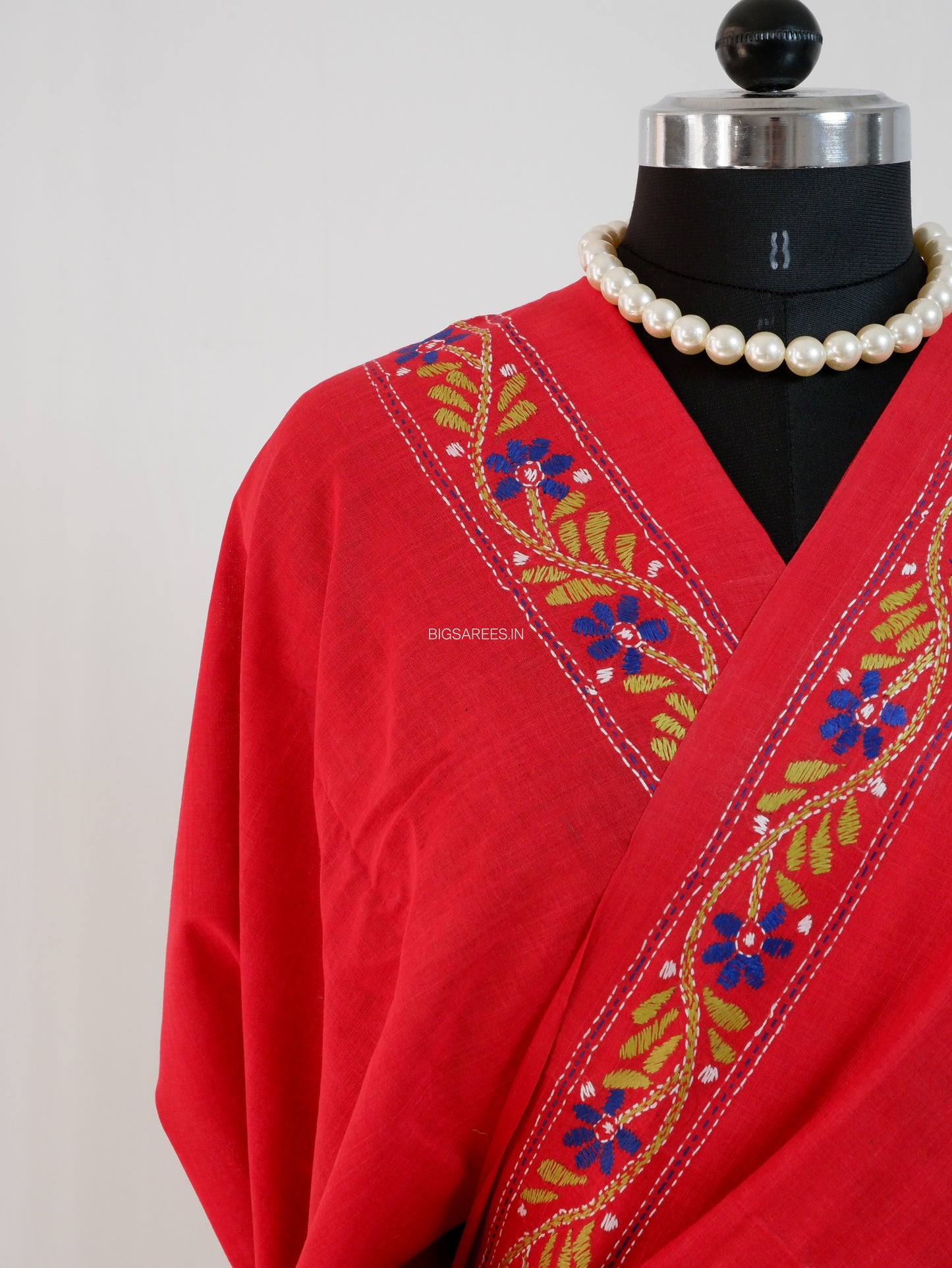 Kantha Stitch Hand-Embroidered Saree | Khadi Cotton | Ruby