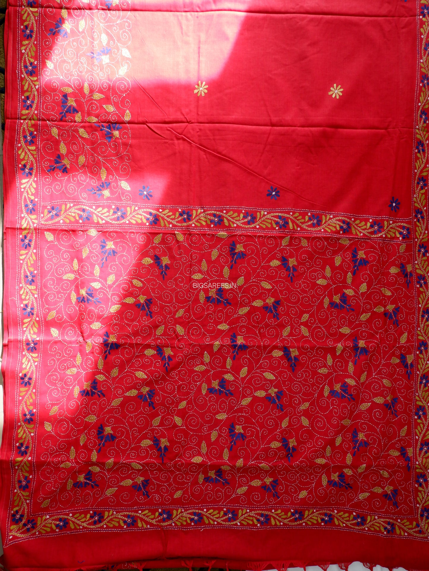 Kantha Stitch Hand-Embroidered Saree | Khadi Cotton | Ruby