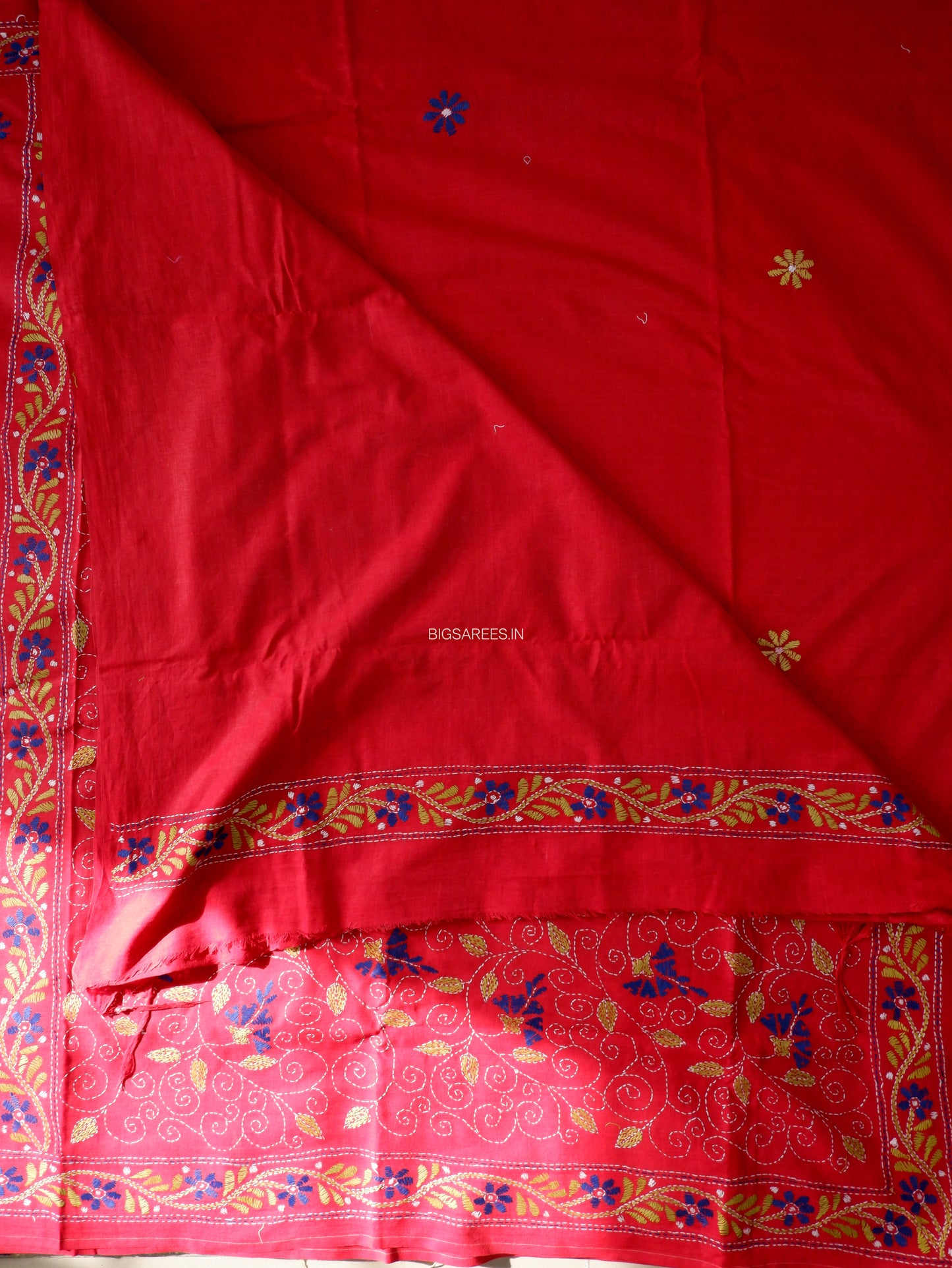 Kantha Stitch Hand-Embroidered Saree | Khadi Cotton | Ruby