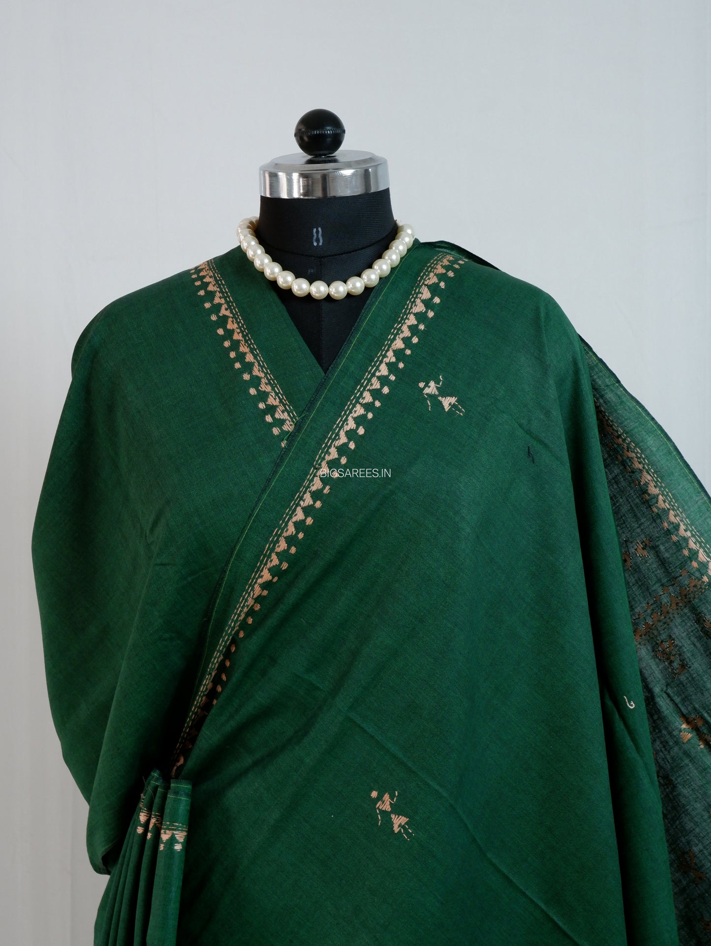 Kantha Stitch Hand-Embroidered Saree | Khadi Cotton | Dark Green