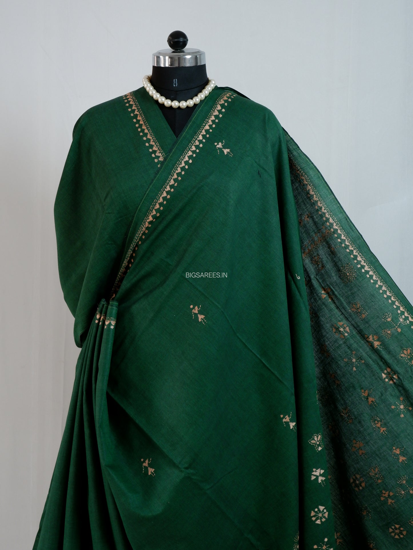 Kantha Stitch Hand-Embroidered Saree | Khadi Cotton | Dark Green