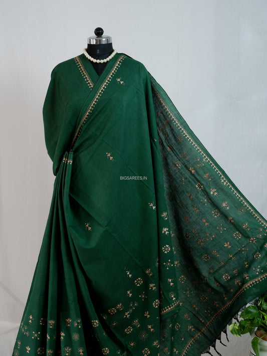 Kantha Stitch Hand-Embroidered Saree | Khadi Cotton | Dark Green