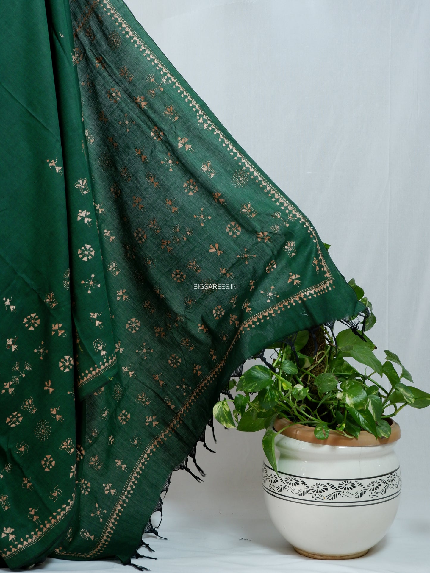 Kantha Stitch Hand-Embroidered Saree | Khadi Cotton | Dark Green