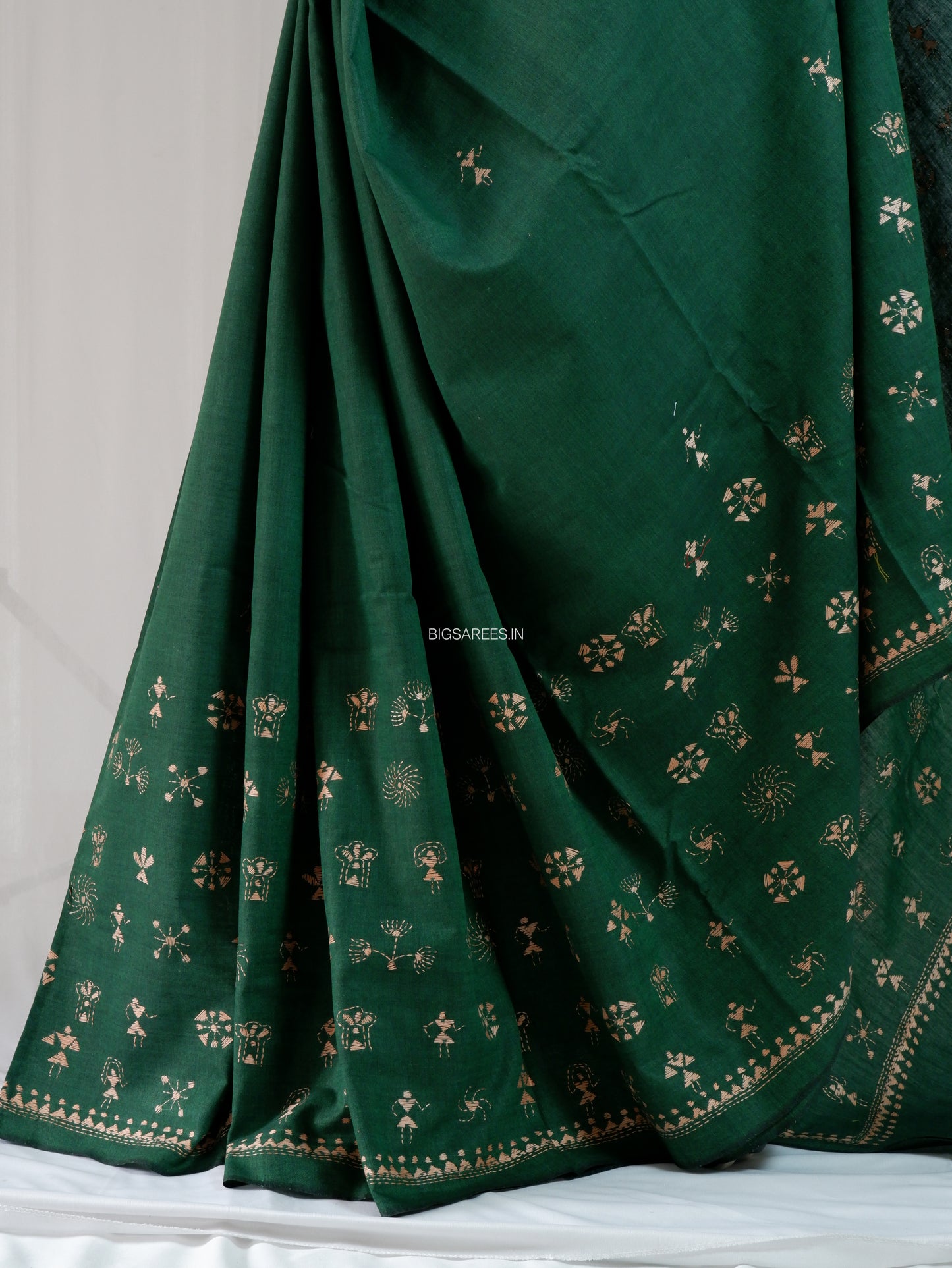 Kantha Stitch Hand-Embroidered Saree | Khadi Cotton | Dark Green
