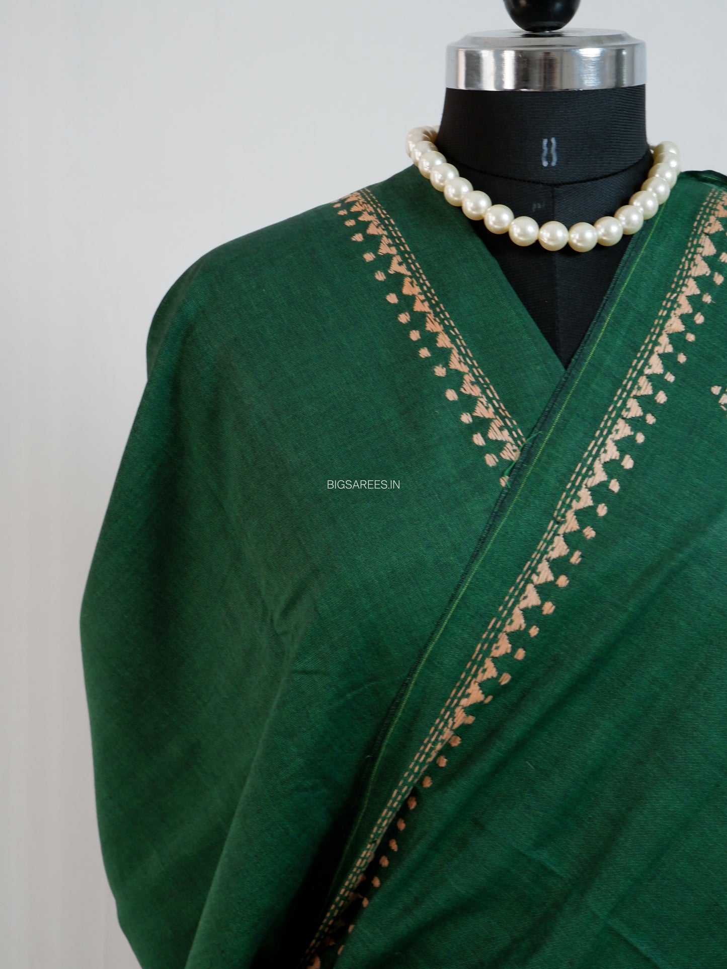 Kantha Stitch Hand-Embroidered Saree | Khadi Cotton | Dark Green