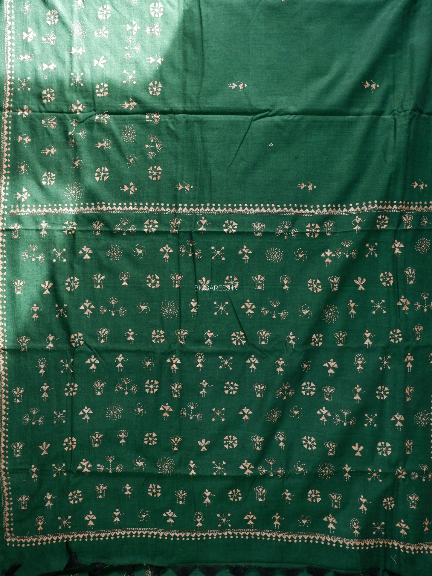 Kantha Stitch Hand-Embroidered Saree | Khadi Cotton | Dark Green