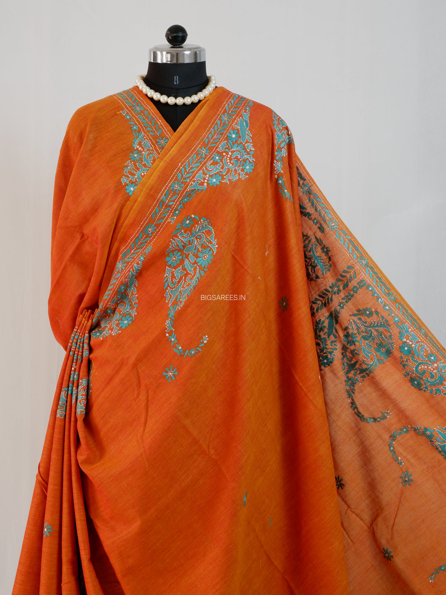 Kantha Stitch Hand-Embroidered Saree | Khadi Cotton | Orange