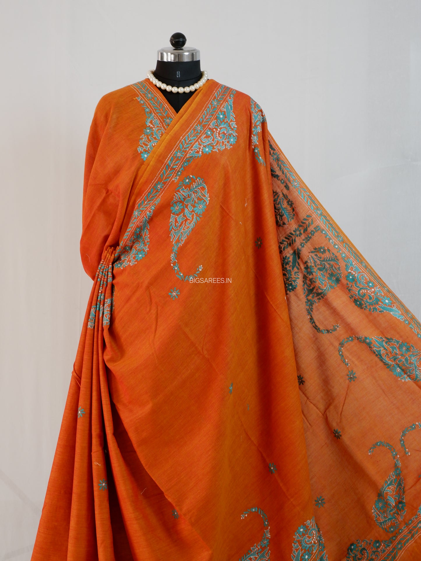 Kantha Stitch Hand-Embroidered Saree | Khadi Cotton | Orange