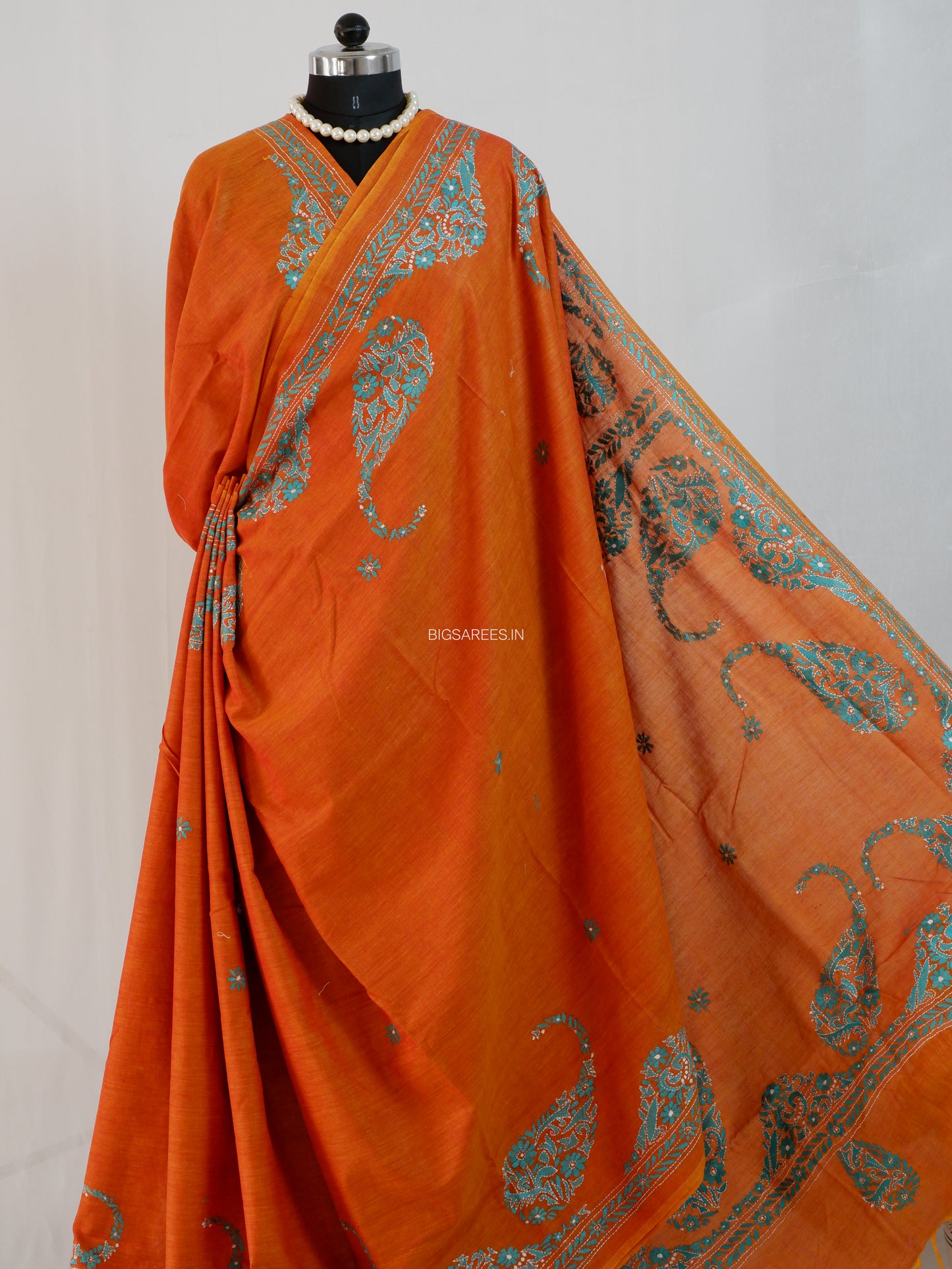 Kantha Stitch Hand-Embroidered Saree | Khadi Cotton | Orange