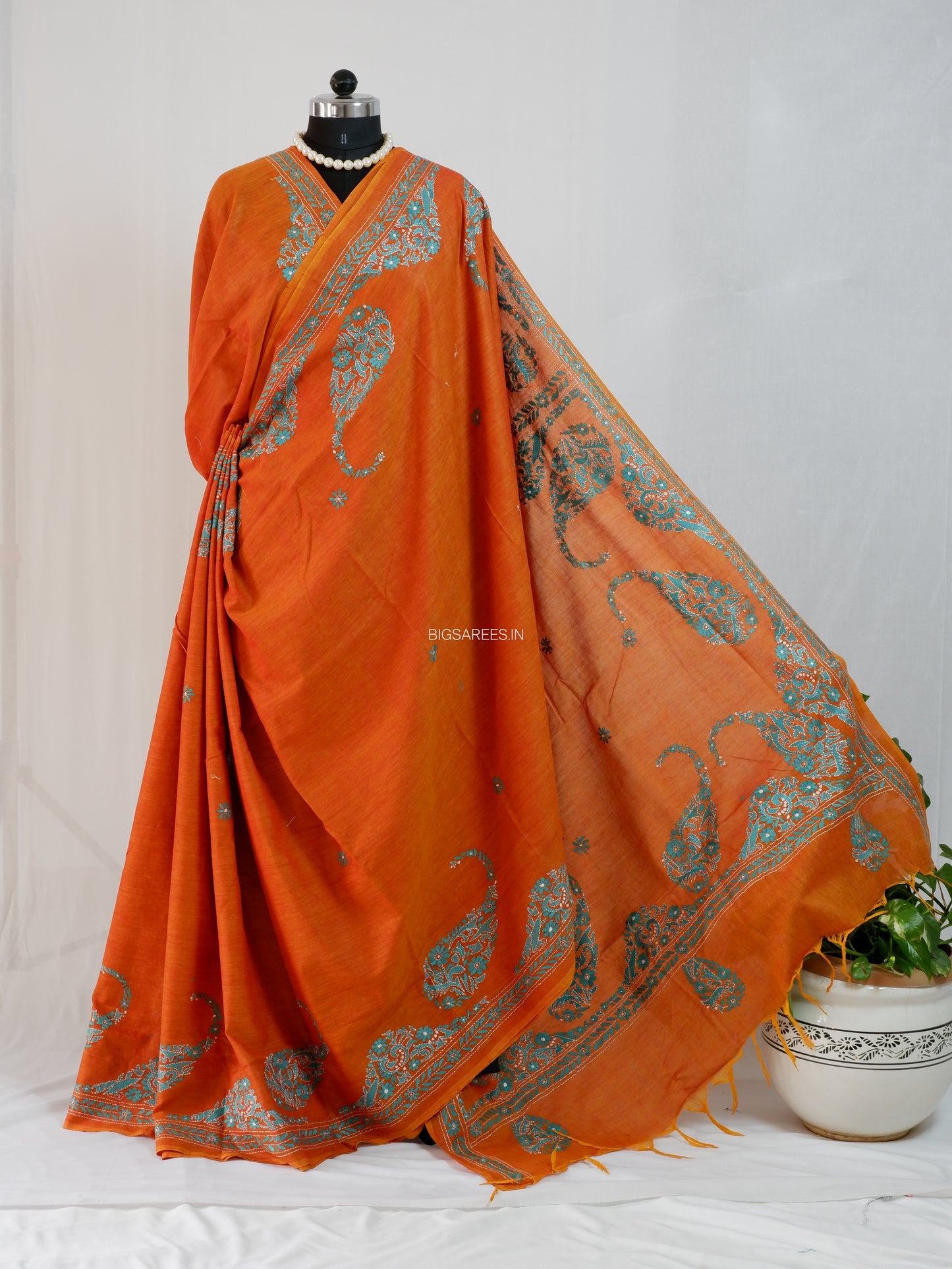 Kantha Stitch Hand-Embroidered Saree | Khadi Cotton | Orange