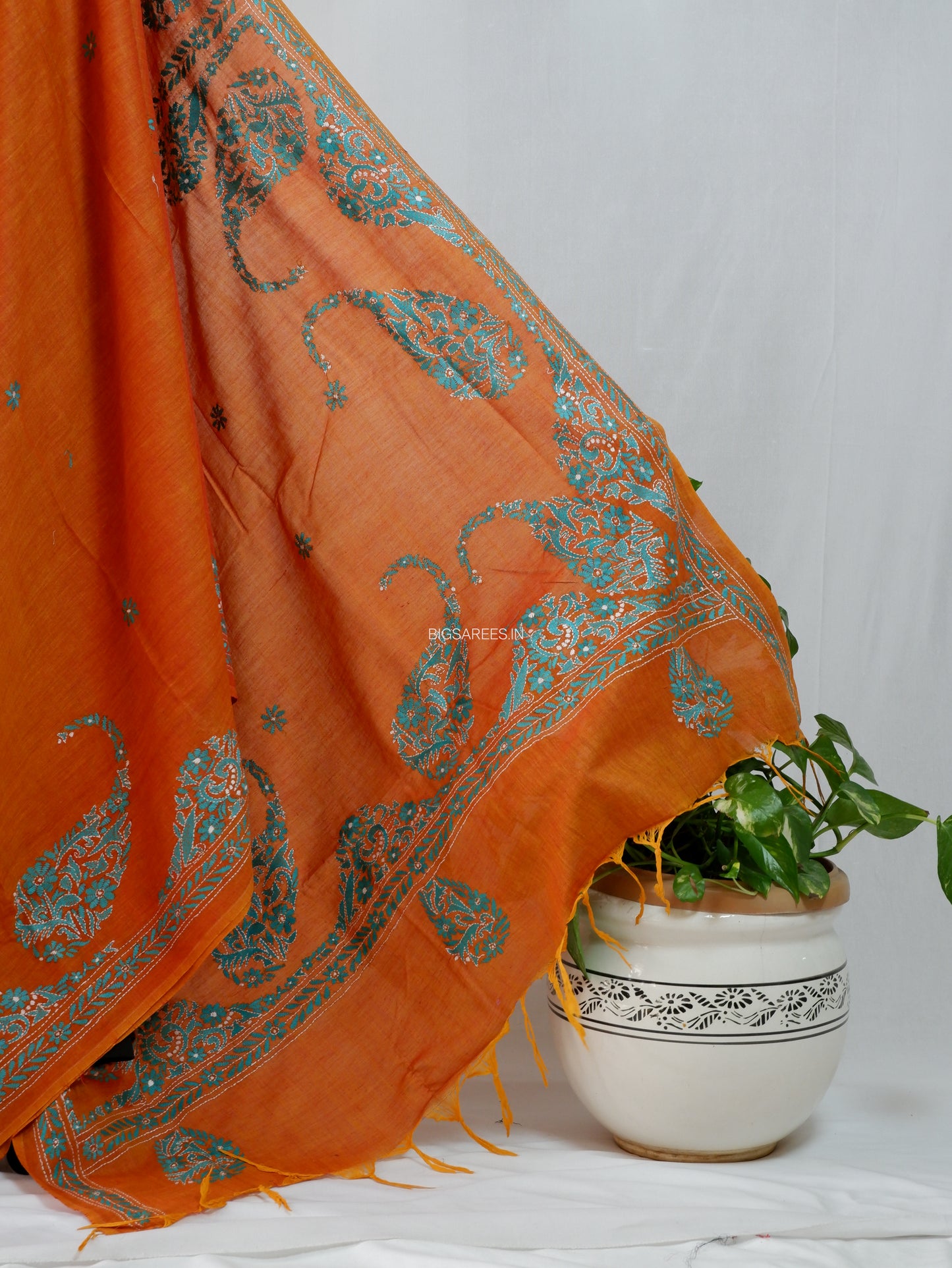 Kantha Stitch Hand-Embroidered Saree | Khadi Cotton | Orange