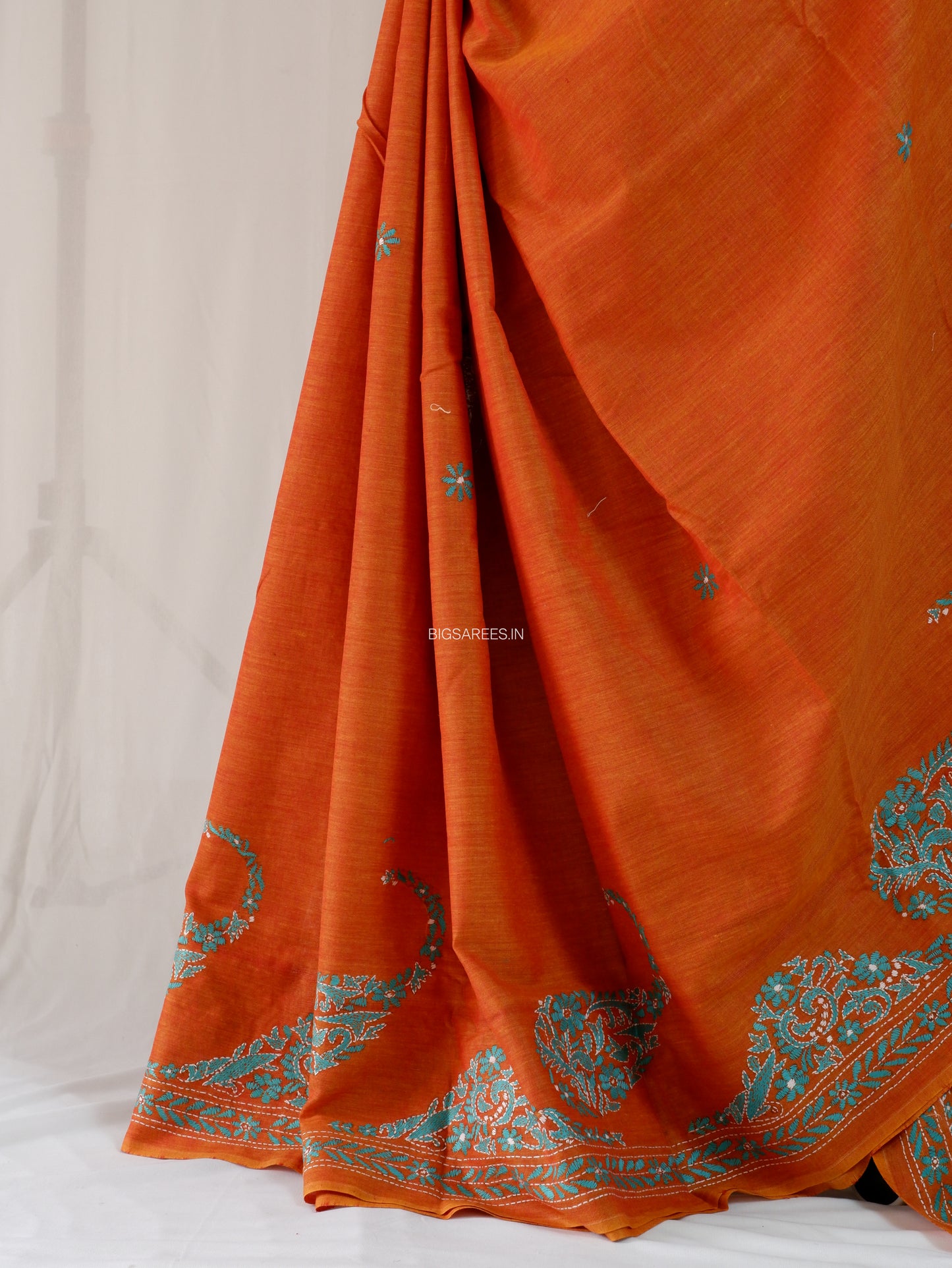 Kantha Stitch Hand-Embroidered Saree | Khadi Cotton | Orange
