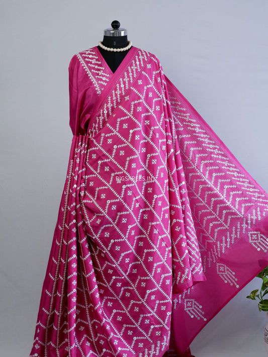 Kutchi/Gujarati Stitch Hand Embroidered Saree | Art Silk | Foil Mirror | Pink