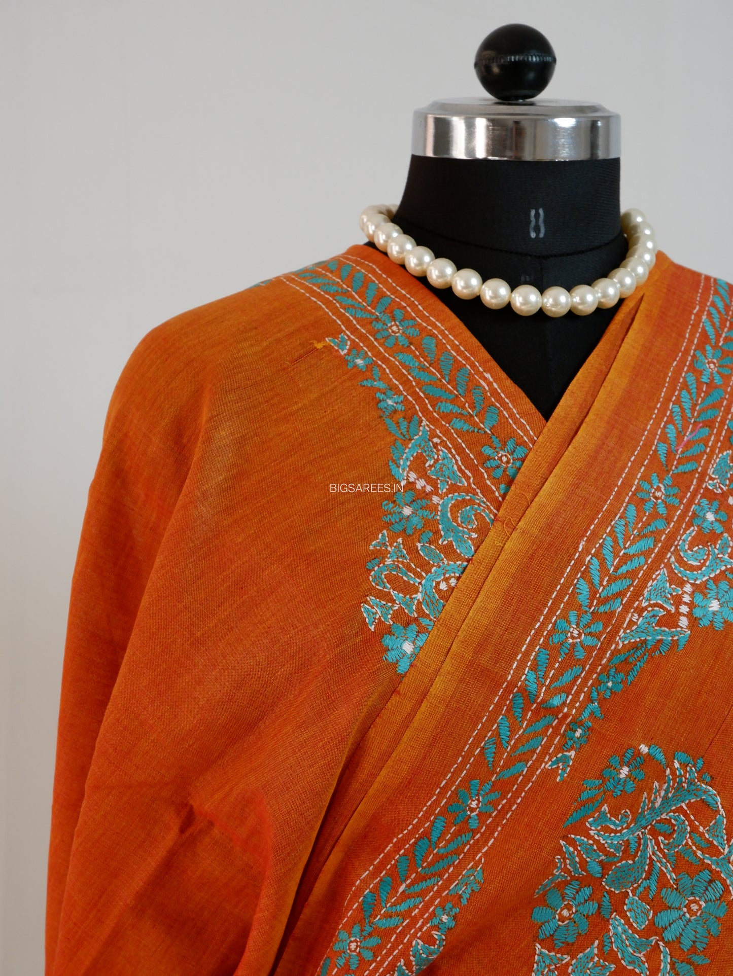 Kantha Stitch Hand-Embroidered Saree | Khadi Cotton | Orange