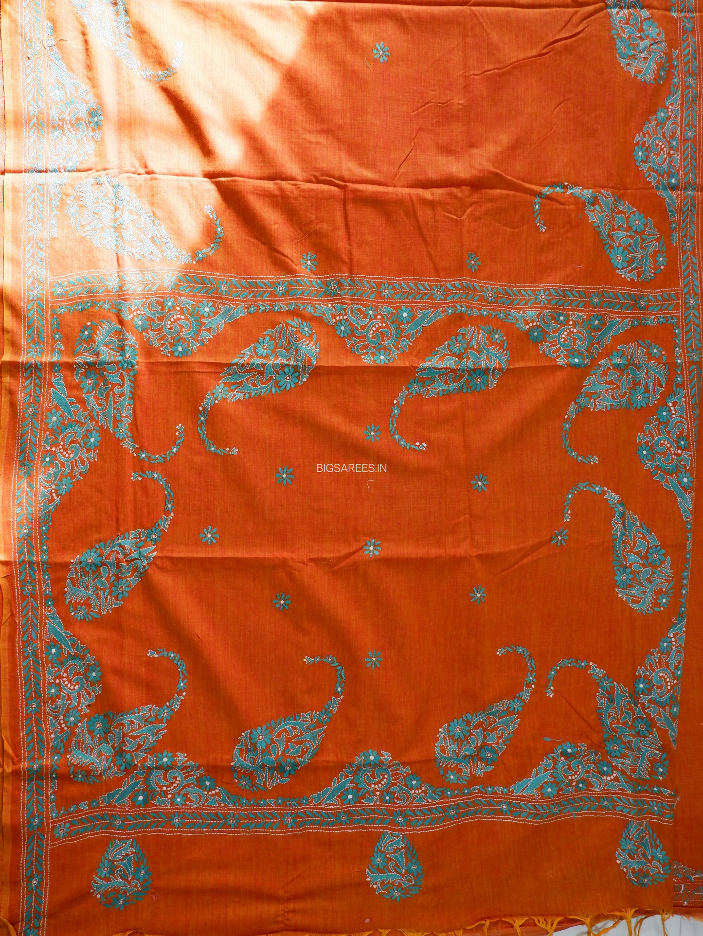 Kantha Stitch Hand-Embroidered Saree | Khadi Cotton | Orange