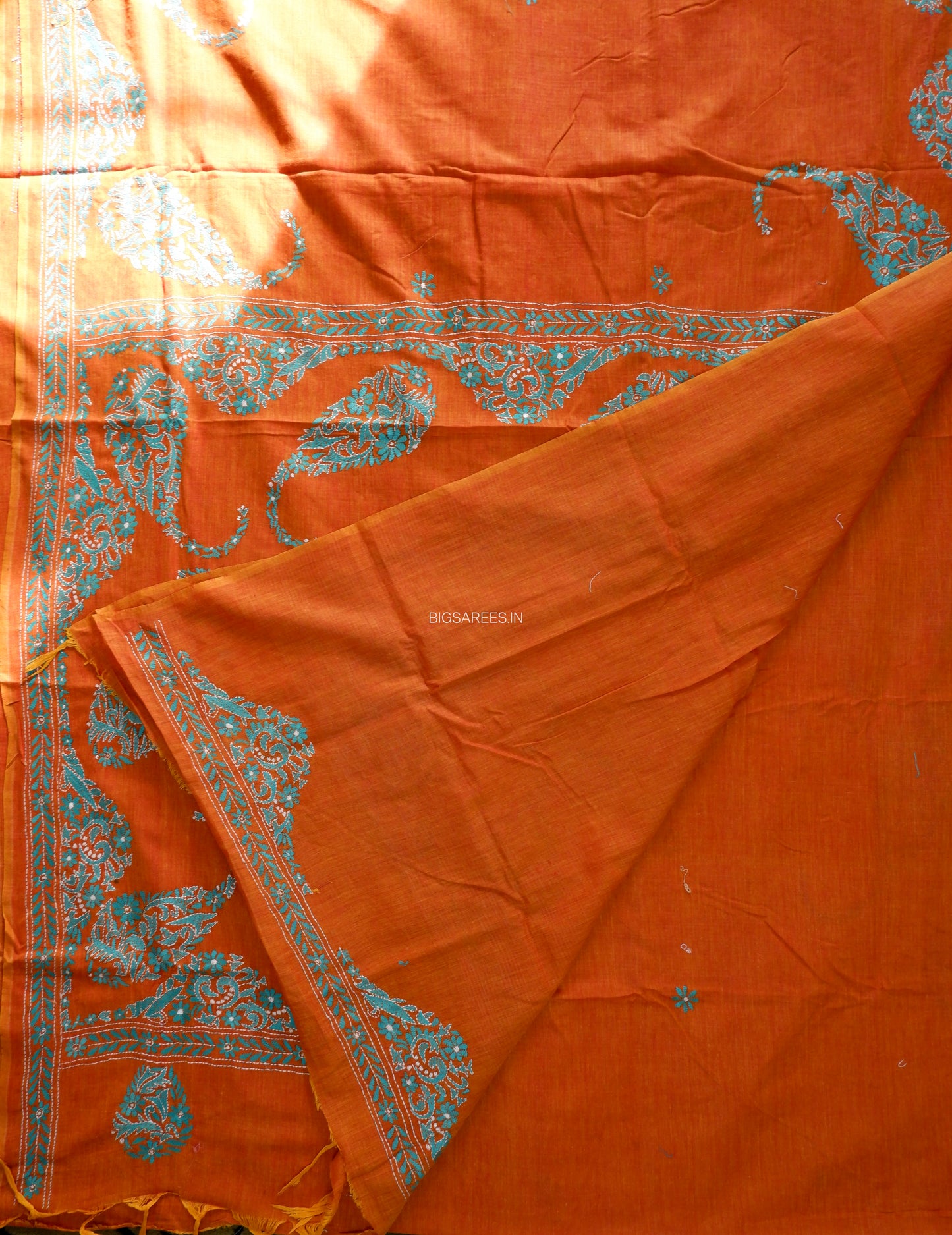 Kantha Stitch Hand-Embroidered Saree | Khadi Cotton | Orange