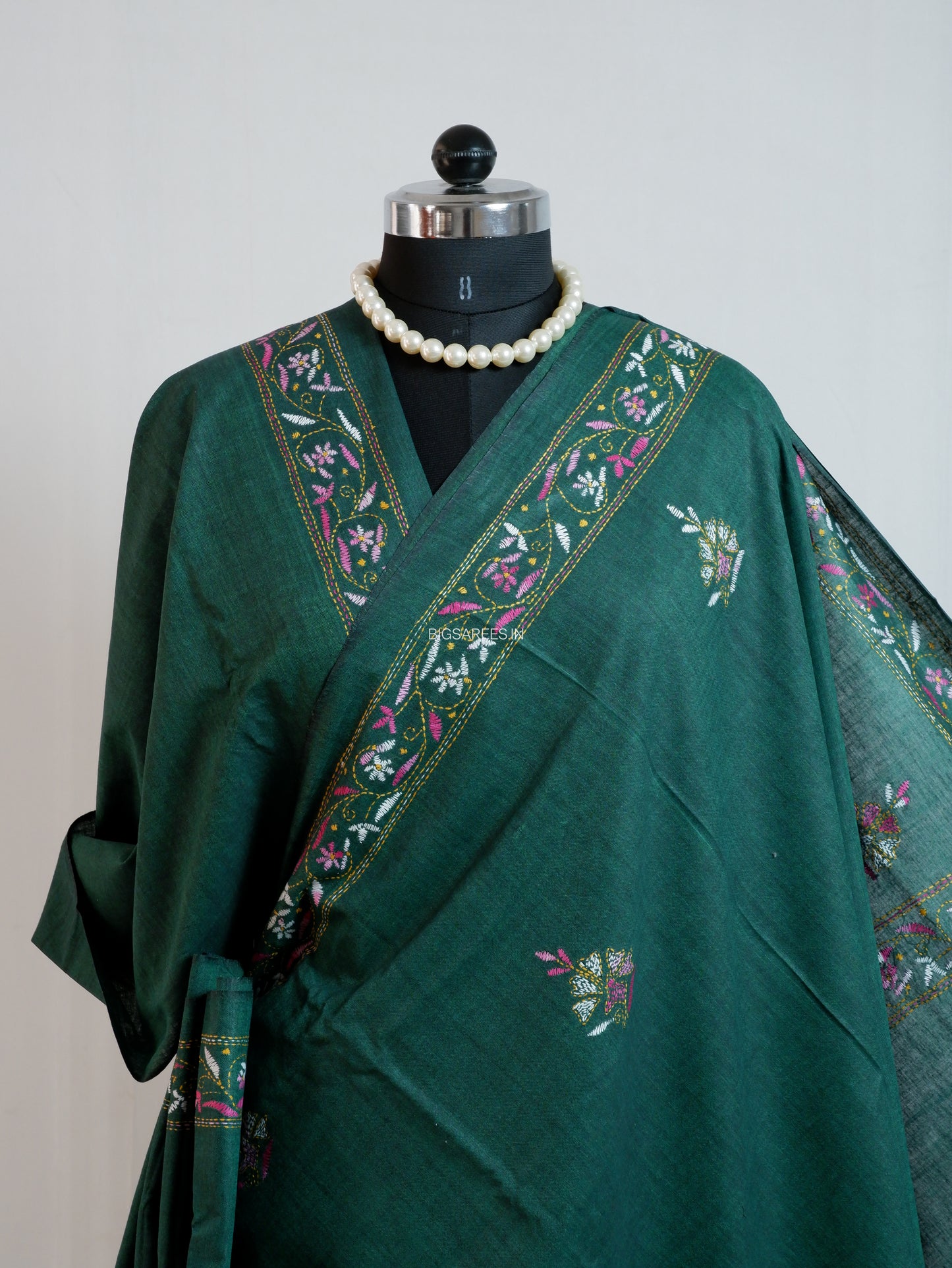 Kantha Stitch Hand-Embroidered Saree | Khadi Cotton | Dark Green