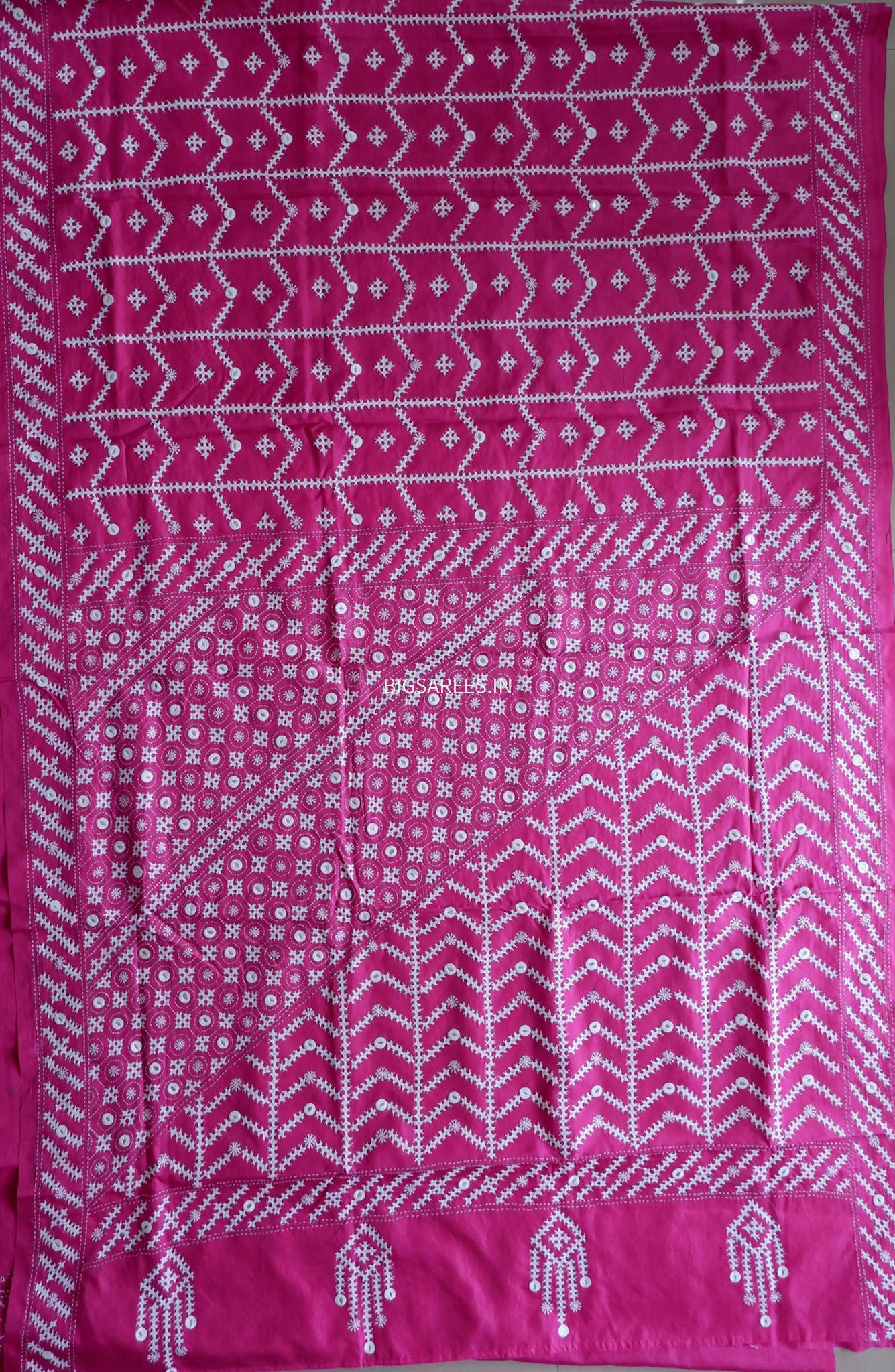 Kutchi/Gujarati Stitch Hand Embroidered Saree | Art Silk | Foil Mirror | Pink