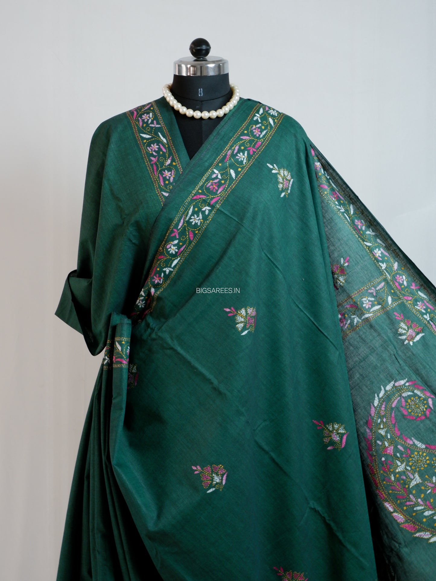 Kantha Stitch Hand-Embroidered Saree | Khadi Cotton | Dark Green