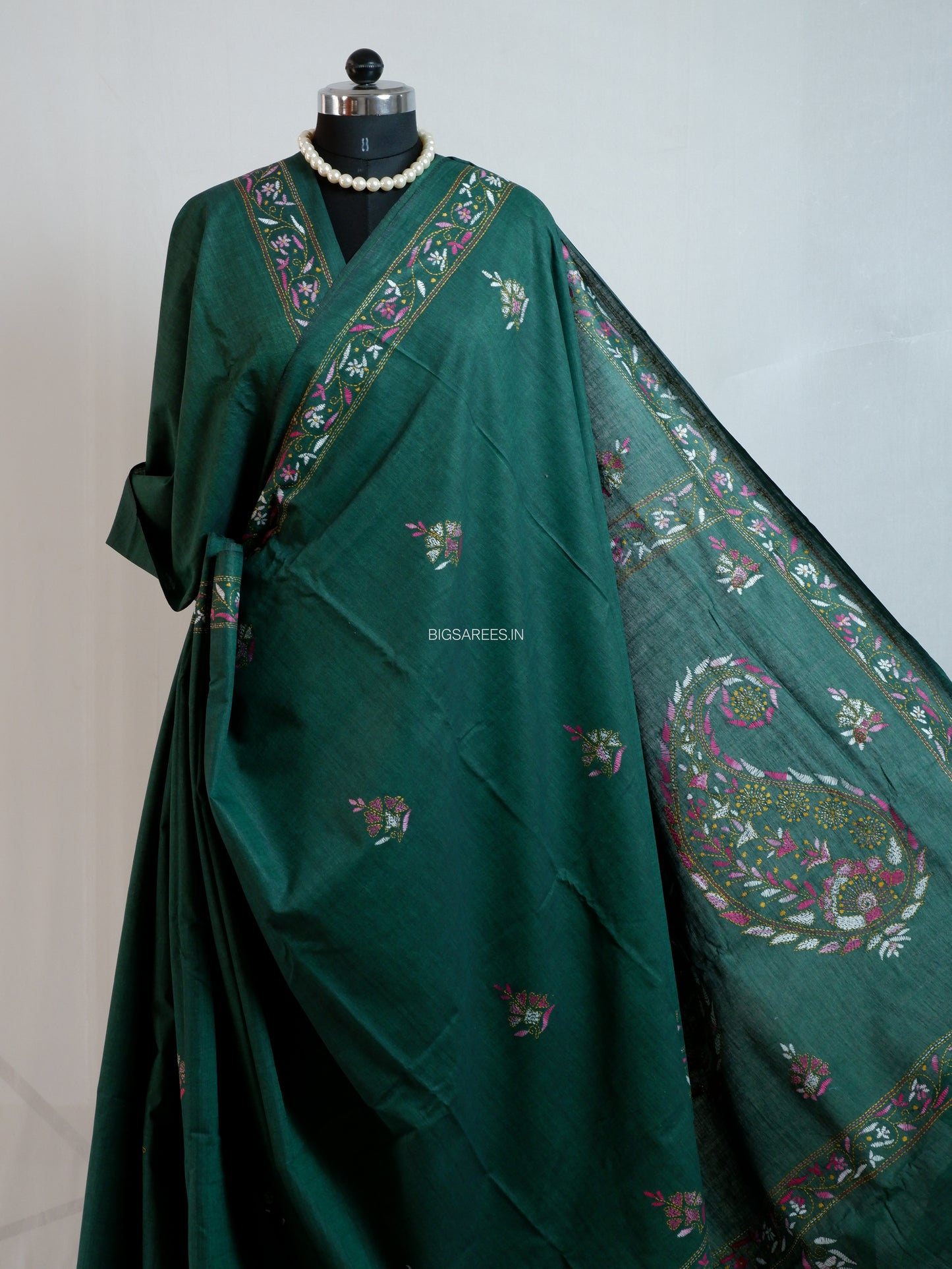 Kantha Stitch Hand-Embroidered Saree | Khadi Cotton | Dark Green
