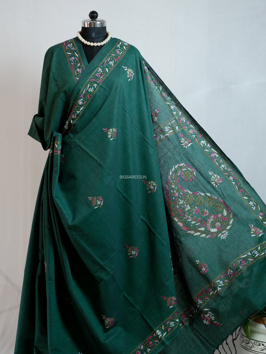 Kantha Stitch Hand-Embroidered Saree | Khadi Cotton | Dark Green