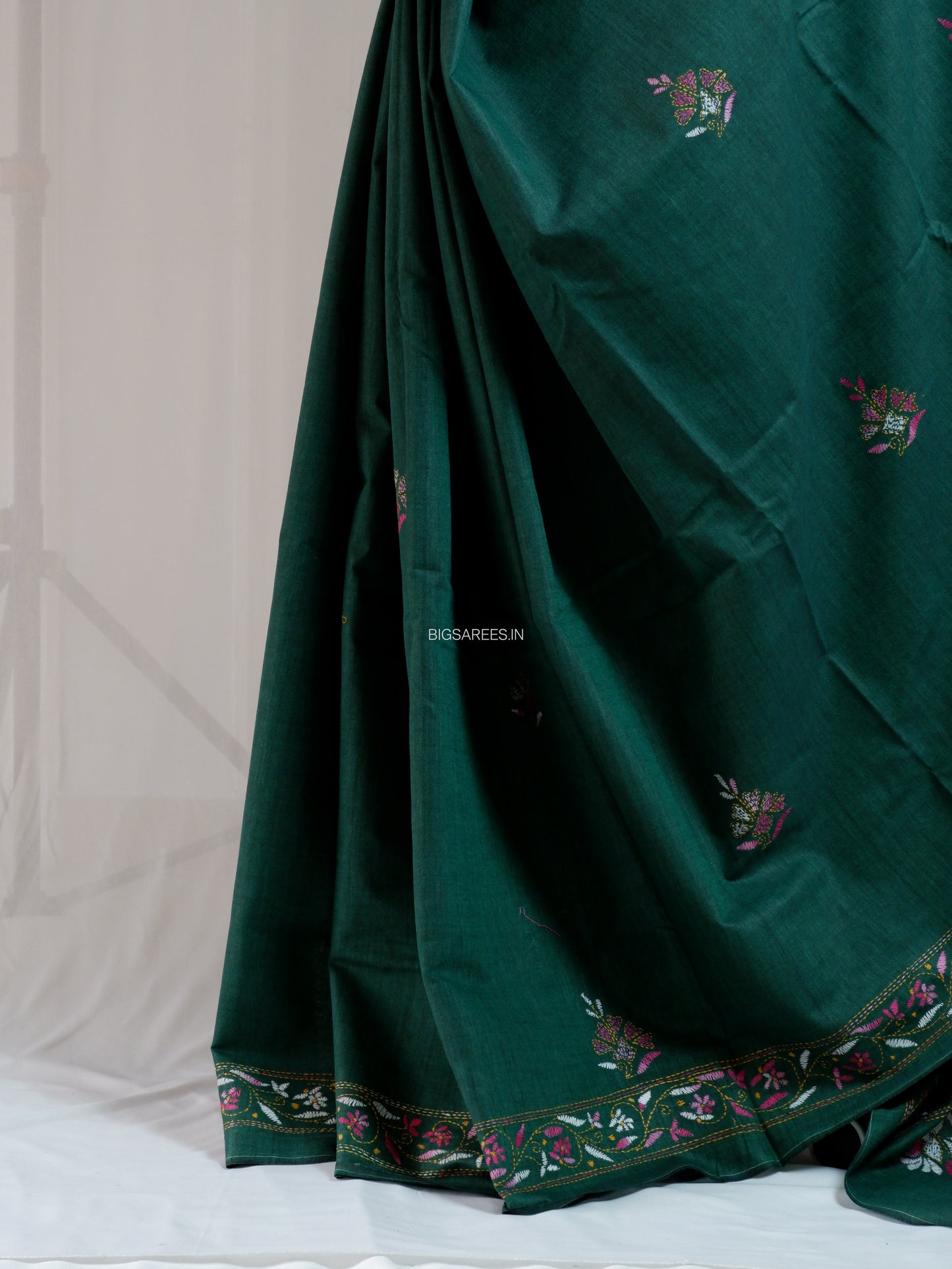Kantha Stitch Hand-Embroidered Saree | Khadi Cotton | Dark Green