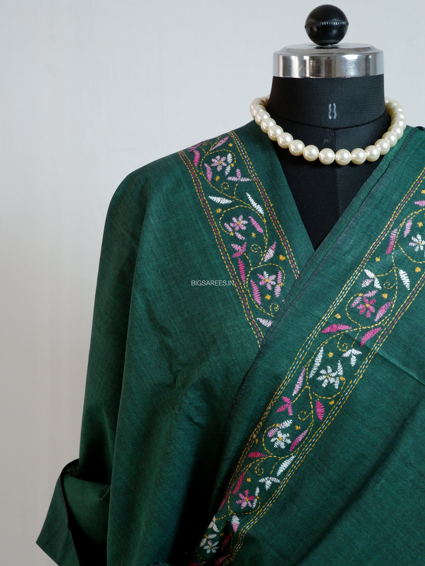 Kantha Stitch Hand-Embroidered Saree | Khadi Cotton | Dark Green