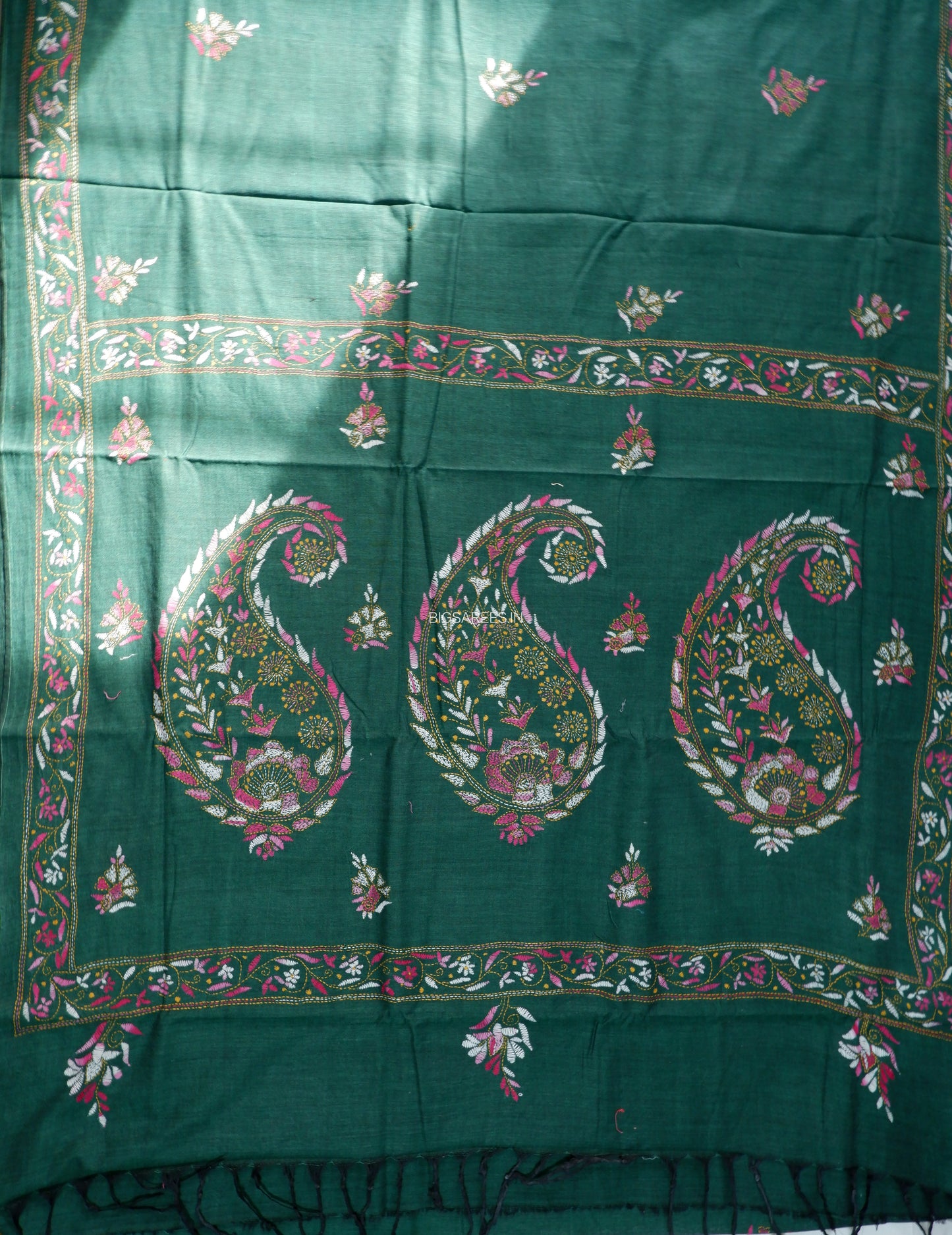 Kantha Stitch Hand-Embroidered Saree | Khadi Cotton | Dark Green