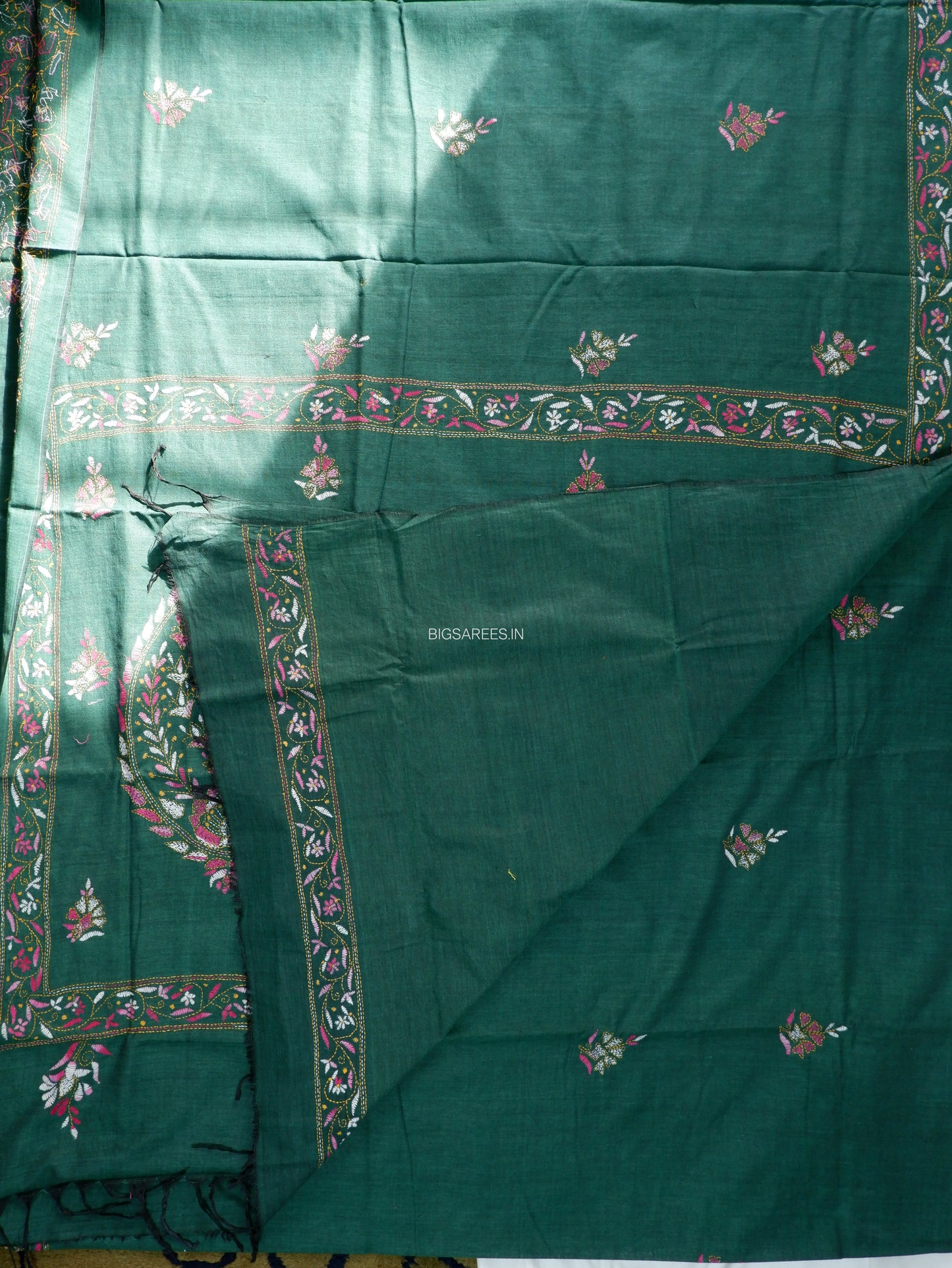 Kantha Stitch Hand-Embroidered Saree | Khadi Cotton | Dark Green