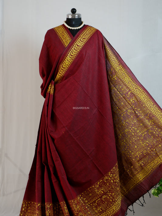 Kantha Stitch Hand-Embroidered Saree | Khadi Cotton | Maroon