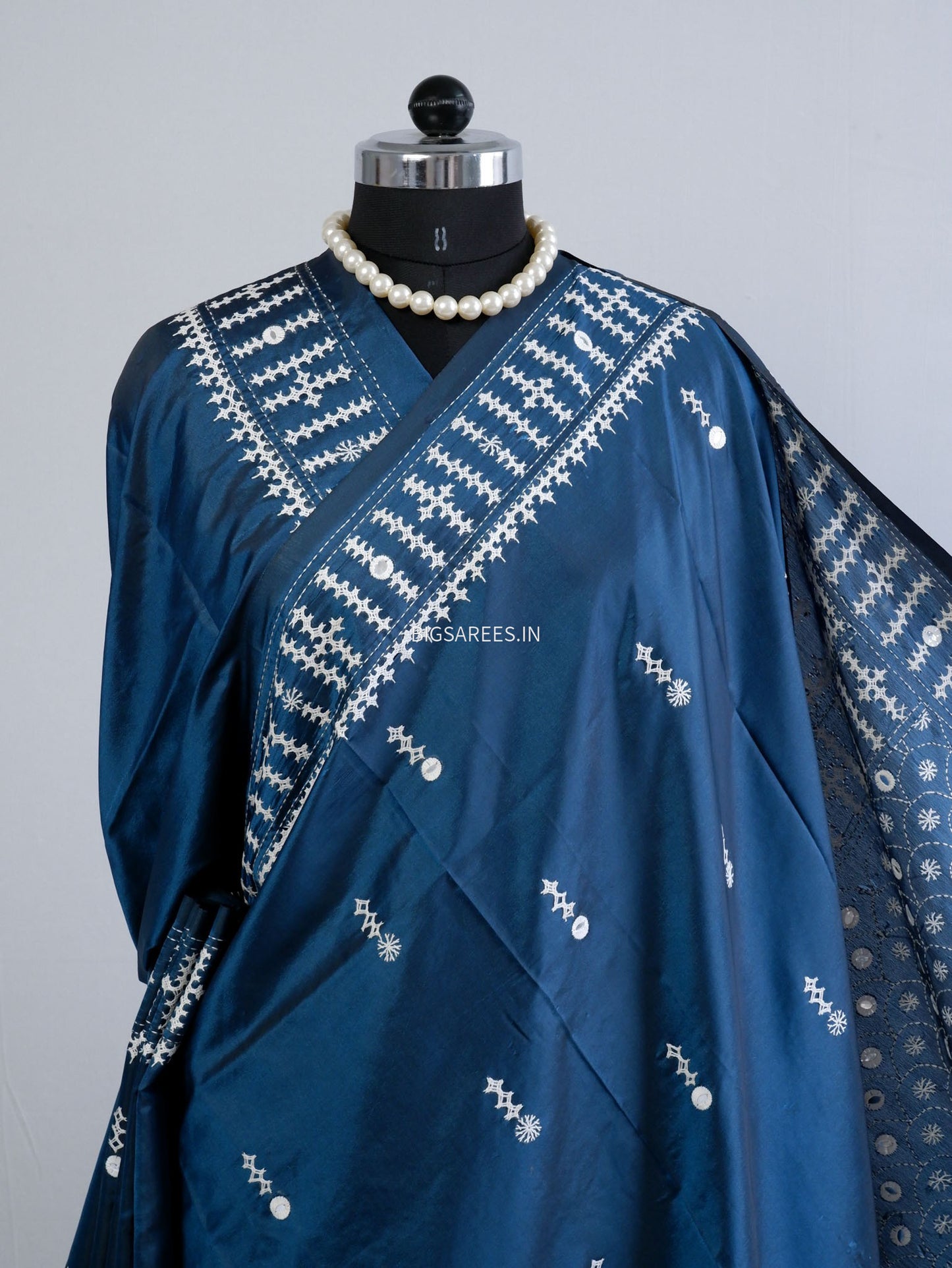 Kutchi/Gujarati Stitch Hand Embroidered Saree | Art Silk | Foil Mirror | Blue