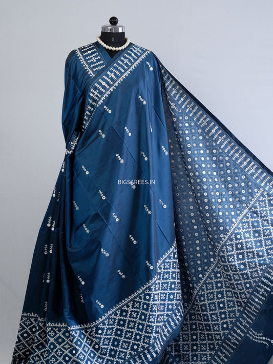 Kutchi/Gujarati Stitch Hand Embroidered Saree | Art Silk | Foil Mirror | Blue