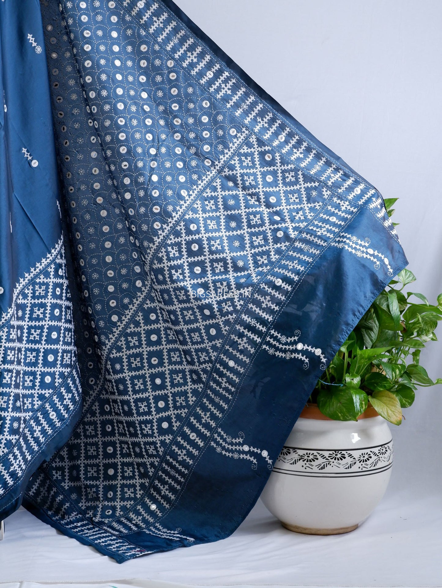 Kutchi/Gujarati Stitch Hand Embroidered Saree | Art Silk | Foil Mirror | Blue