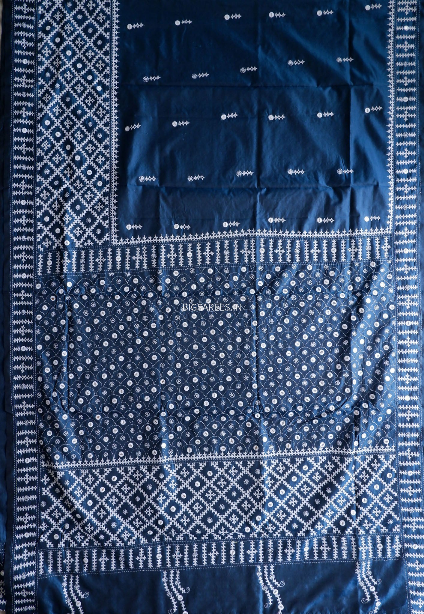 Kutchi/Gujarati Stitch Hand Embroidered Saree | Art Silk | Foil Mirror | Blue