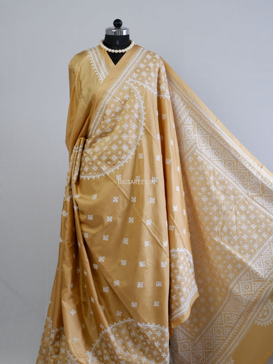 Kutchi/Gujarati Hand Embroidered Saree  | Blended Bangalore Silk / Art Silk | Sand