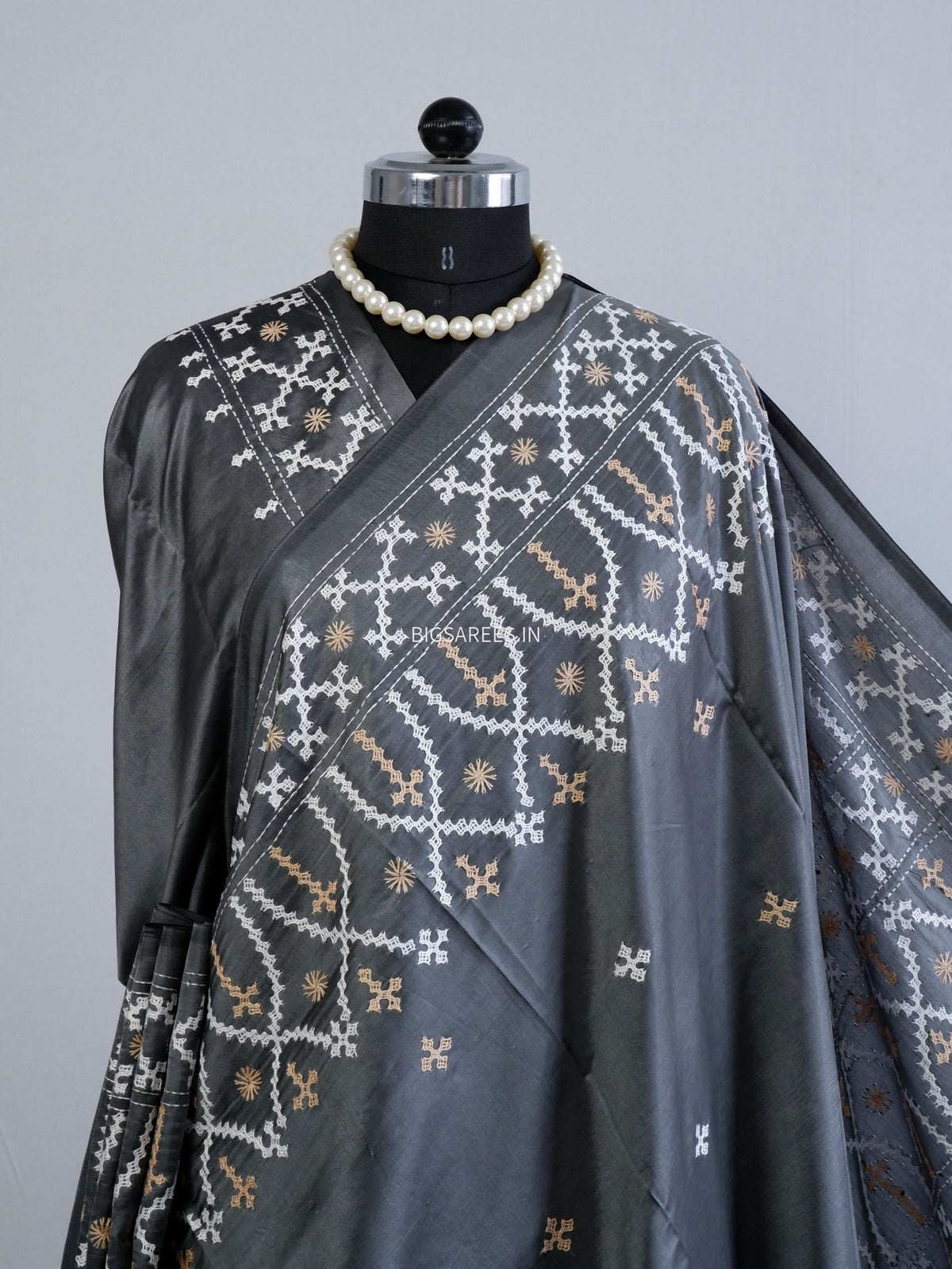 Kutchi/Gujarati Hand Embroidered Saree  | Blended Bangalore Silk / Art Silk | Steel Grey