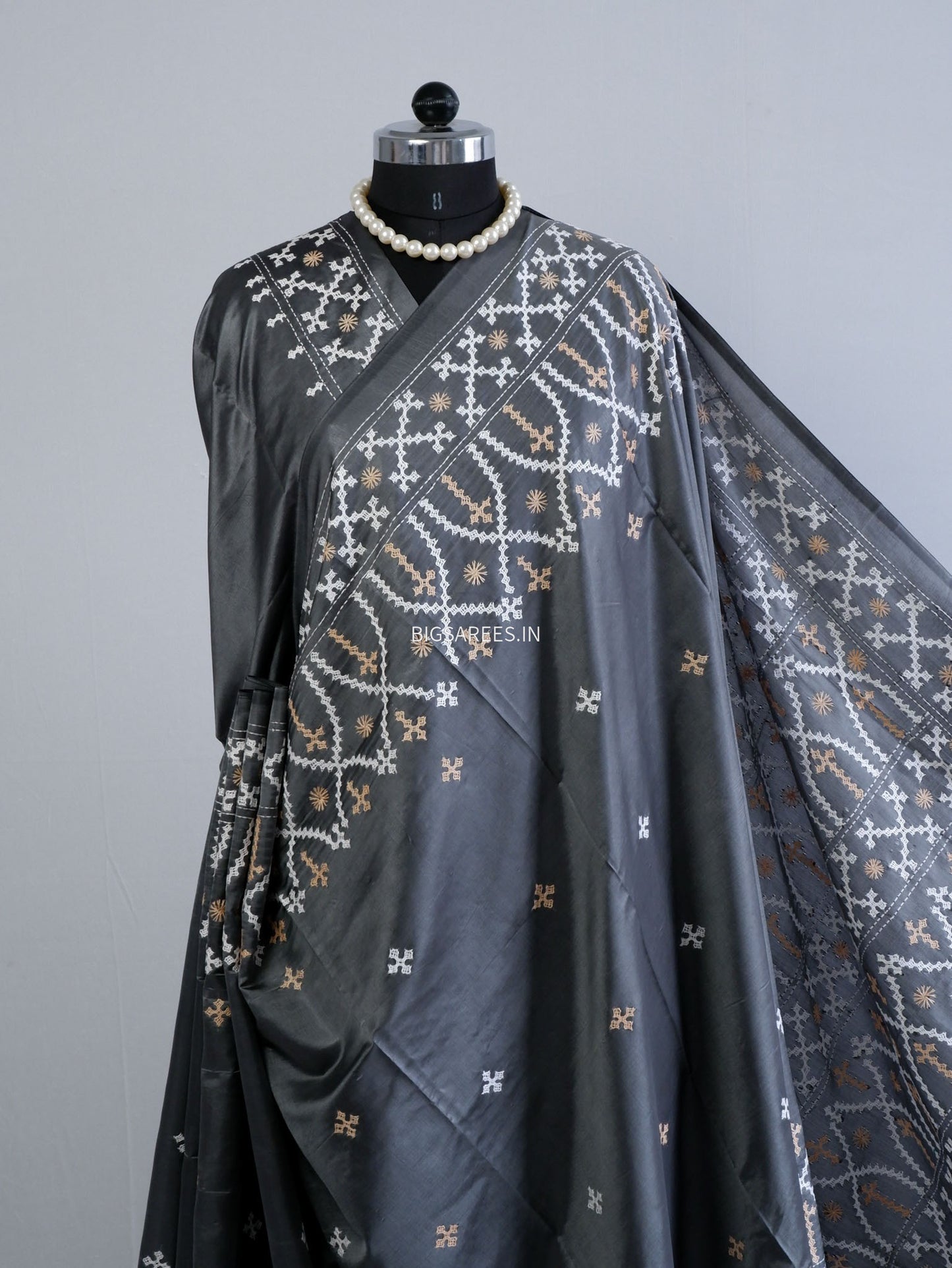 Kutchi/Gujarati Hand Embroidered Saree  | Blended Bangalore Silk / Art Silk | Steel Grey