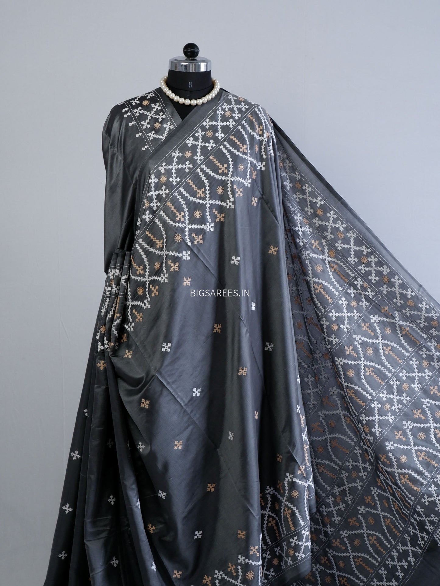 Kutchi/Gujarati Hand Embroidered Saree  | Blended Bangalore Silk / Art Silk | Steel Grey