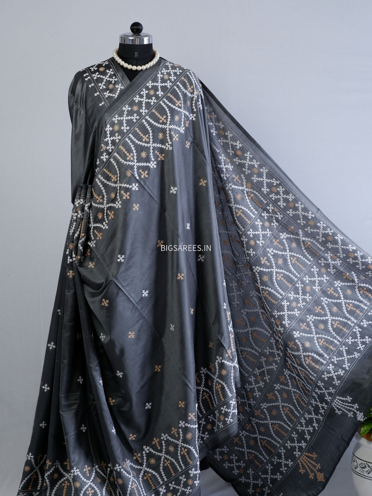 Kutchi/Gujarati Hand Embroidered Saree  | Blended Bangalore Silk / Art Silk | Steel Grey