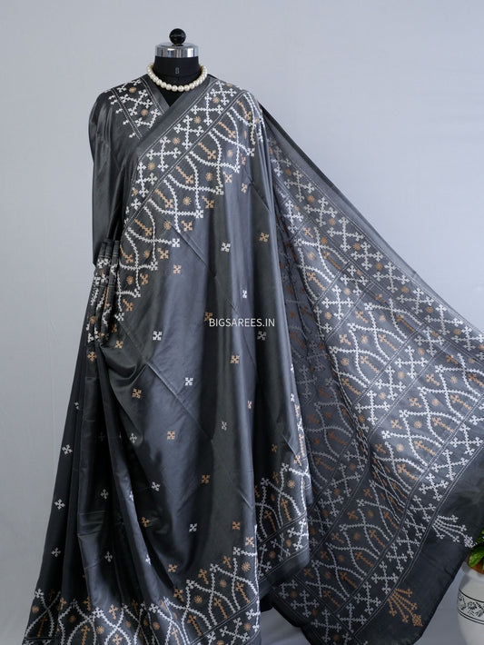 Kutchi/Gujarati Hand Embroidered Saree  | Blended Bangalore Silk / Art Silk | Steel Grey
