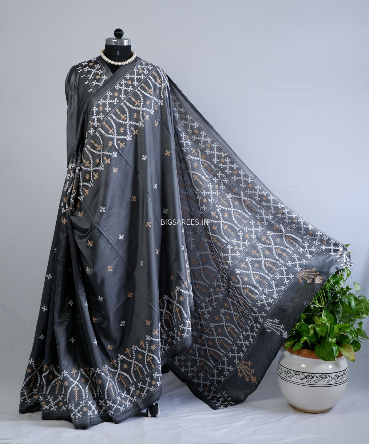 Kutchi/Gujarati Hand Embroidered Saree  | Blended Bangalore Silk / Art Silk | Steel Grey