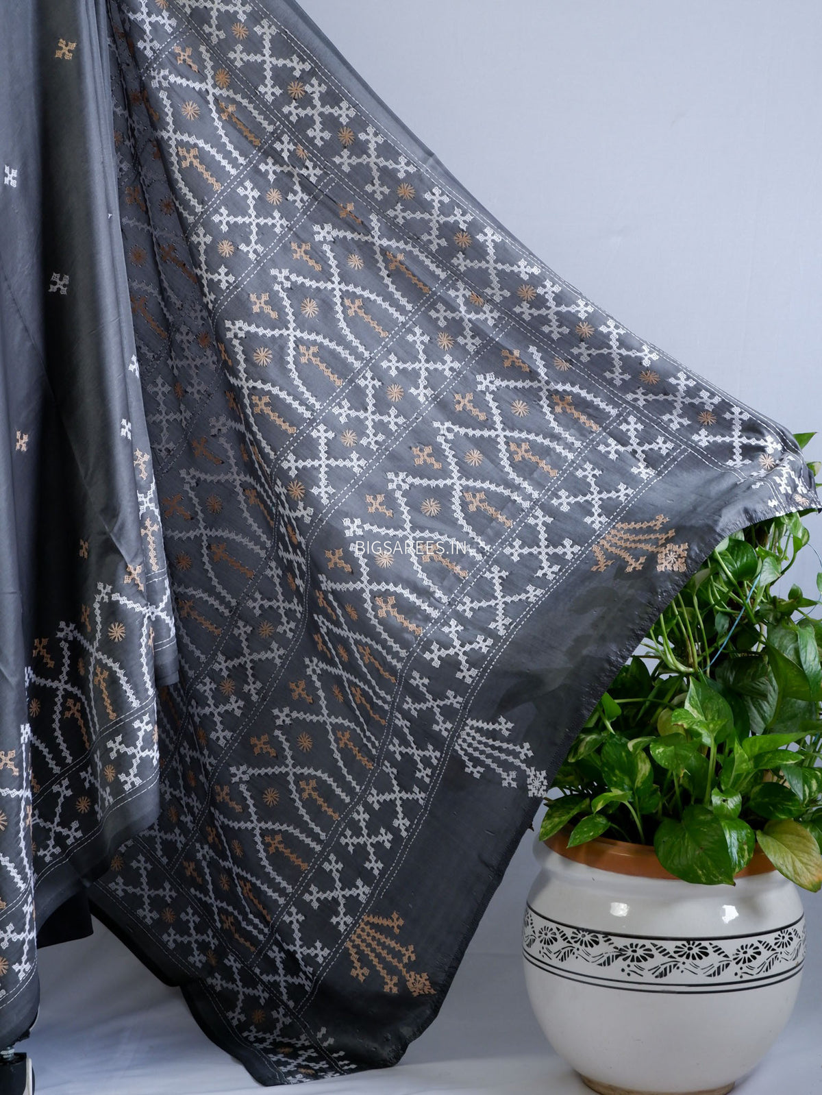 Kutchi/Gujarati Hand Embroidered Saree  | Blended Bangalore Silk / Art Silk | Steel Grey