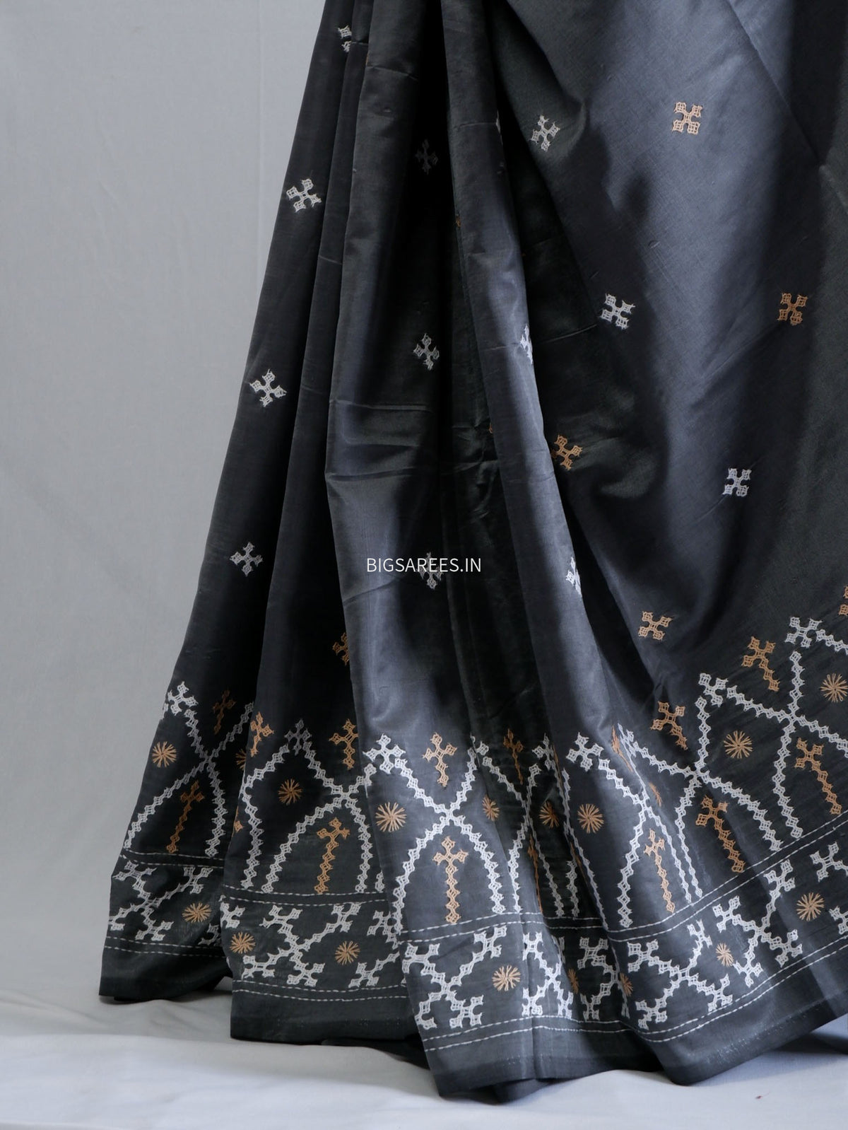 Kutchi/Gujarati Hand Embroidered Saree  | Blended Bangalore Silk / Art Silk | Steel Grey