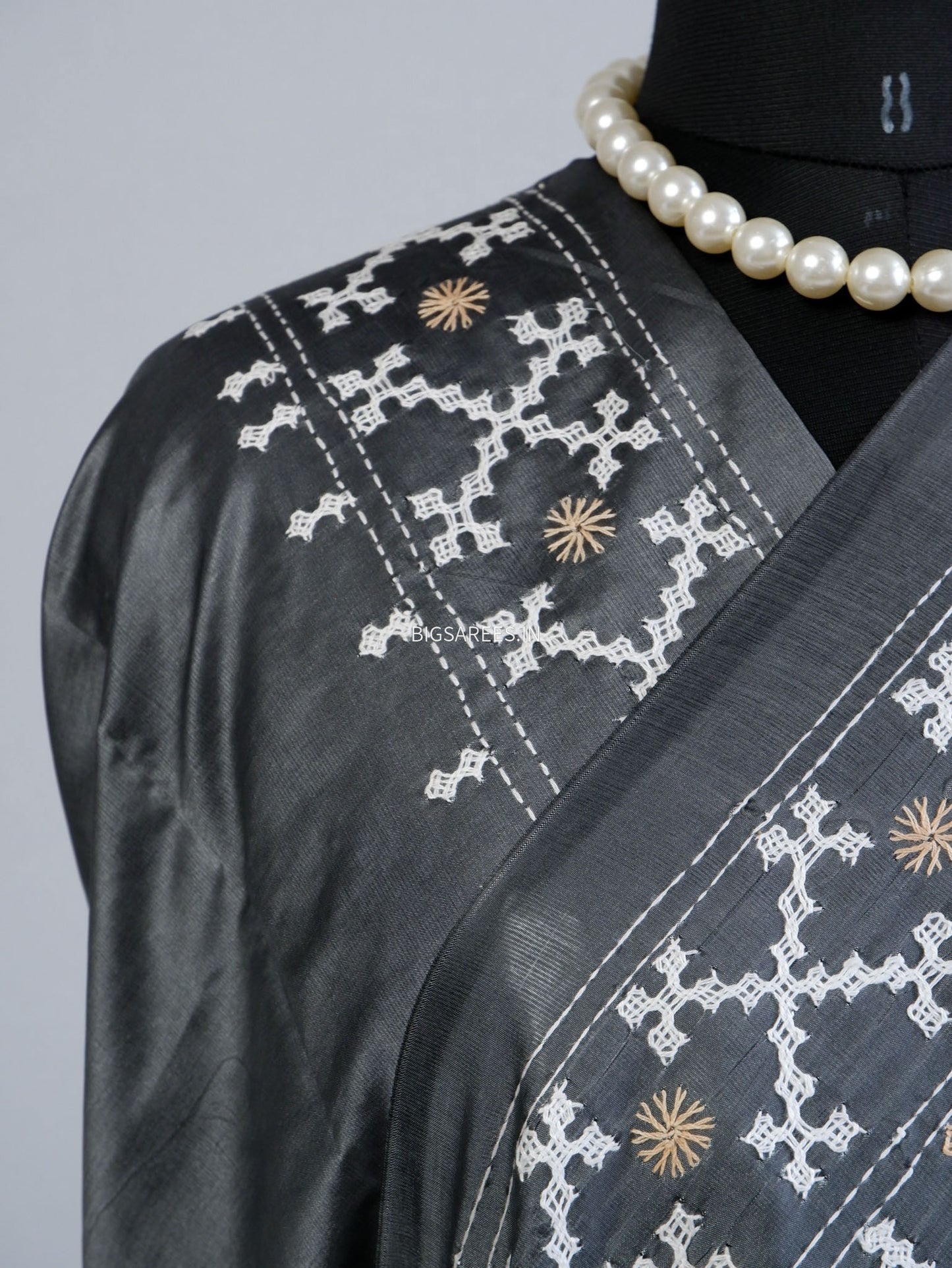 Kutchi/Gujarati Hand Embroidered Saree  | Blended Bangalore Silk / Art Silk | Steel Grey