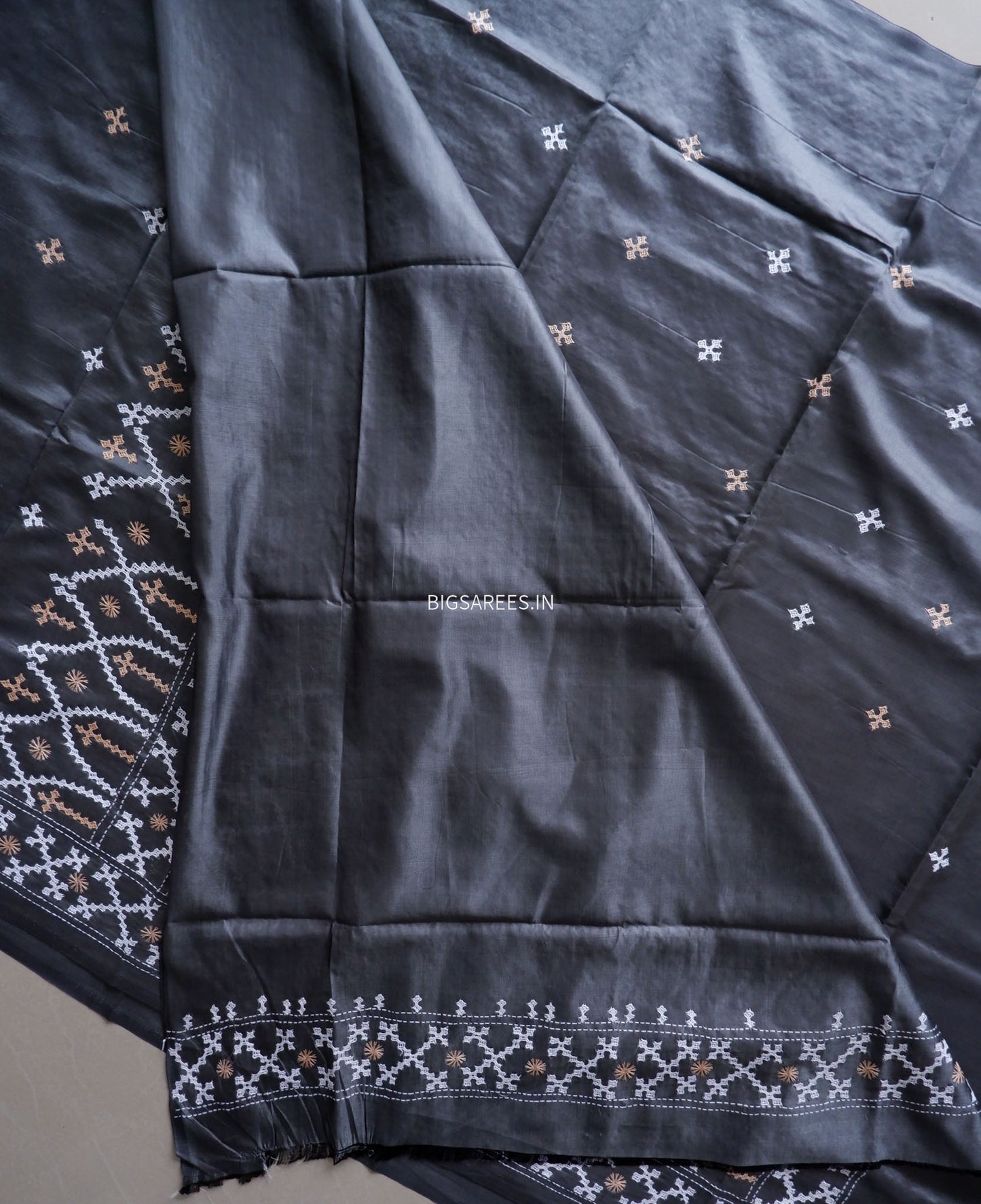 Kutchi/Gujarati Hand Embroidered Saree  | Blended Bangalore Silk / Art Silk | Steel Grey