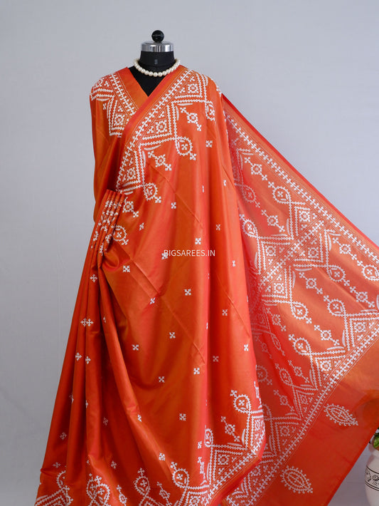 Kutchi/Gujarati Hand Embroidered Saree  | Blended Bangalore Silk / Art Silk | Orange