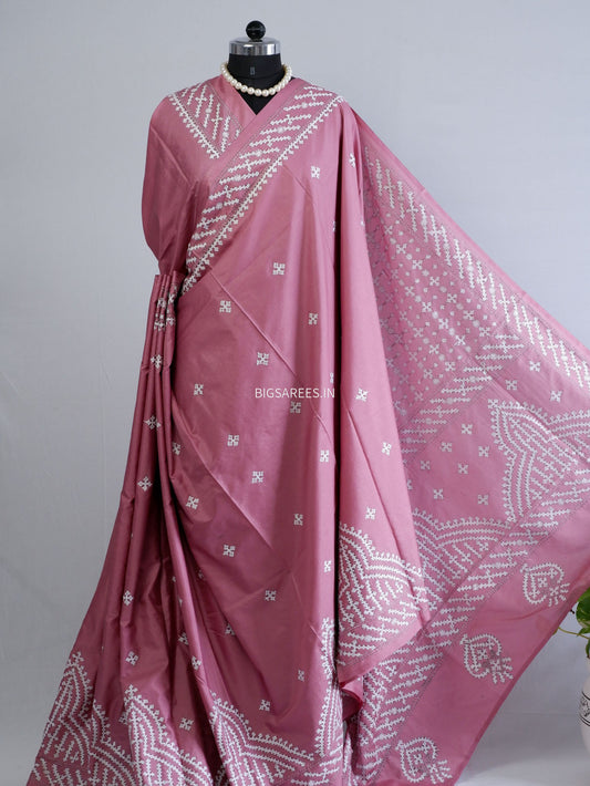 Kutchi/Gujarati Hand Embroidered Saree  | Blended Bangalore Silk / Art Silk | Muted Pink